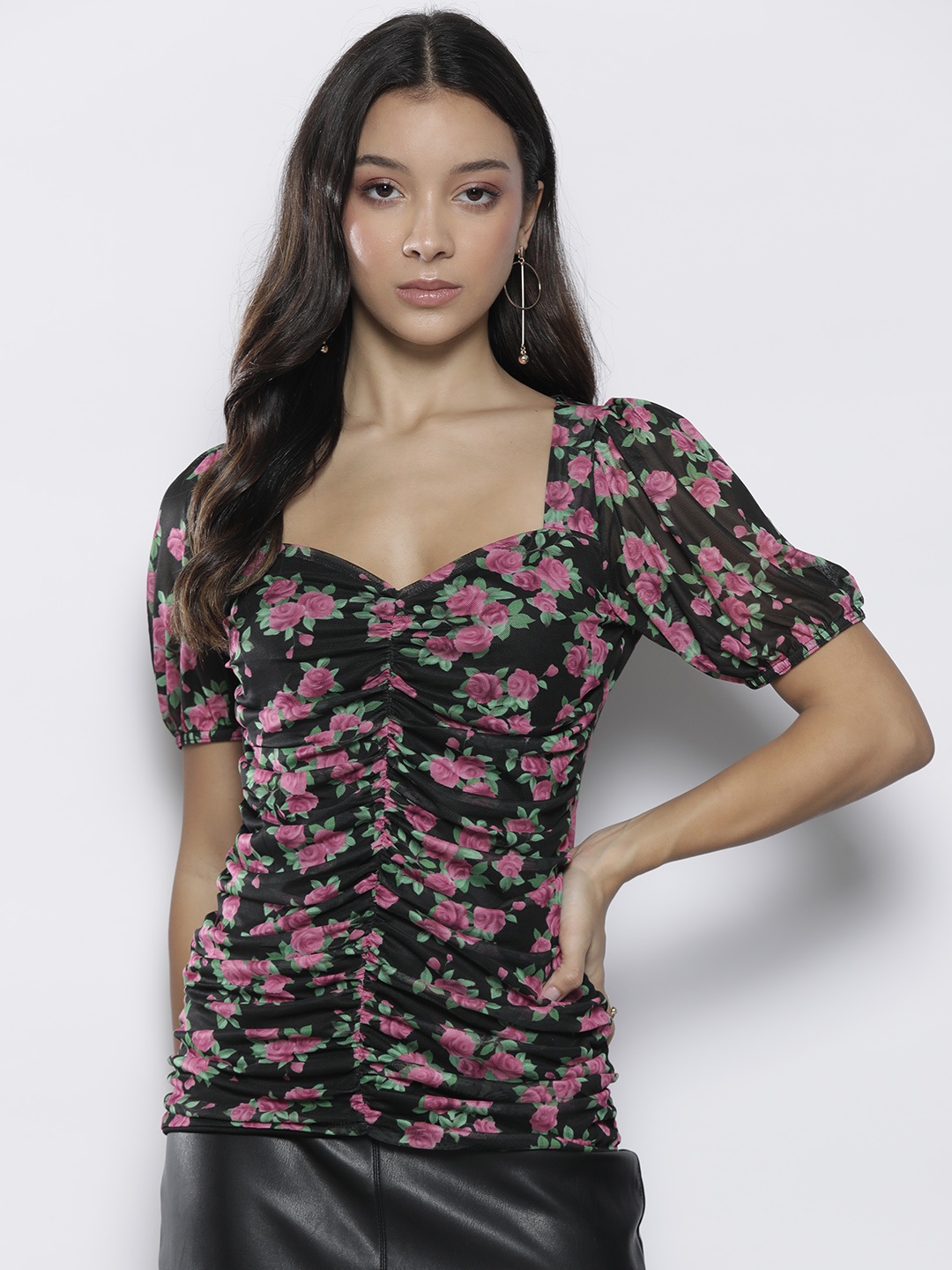 

DOROTHY PERKINS Floral Print Sweetheart Ruched Top, Black