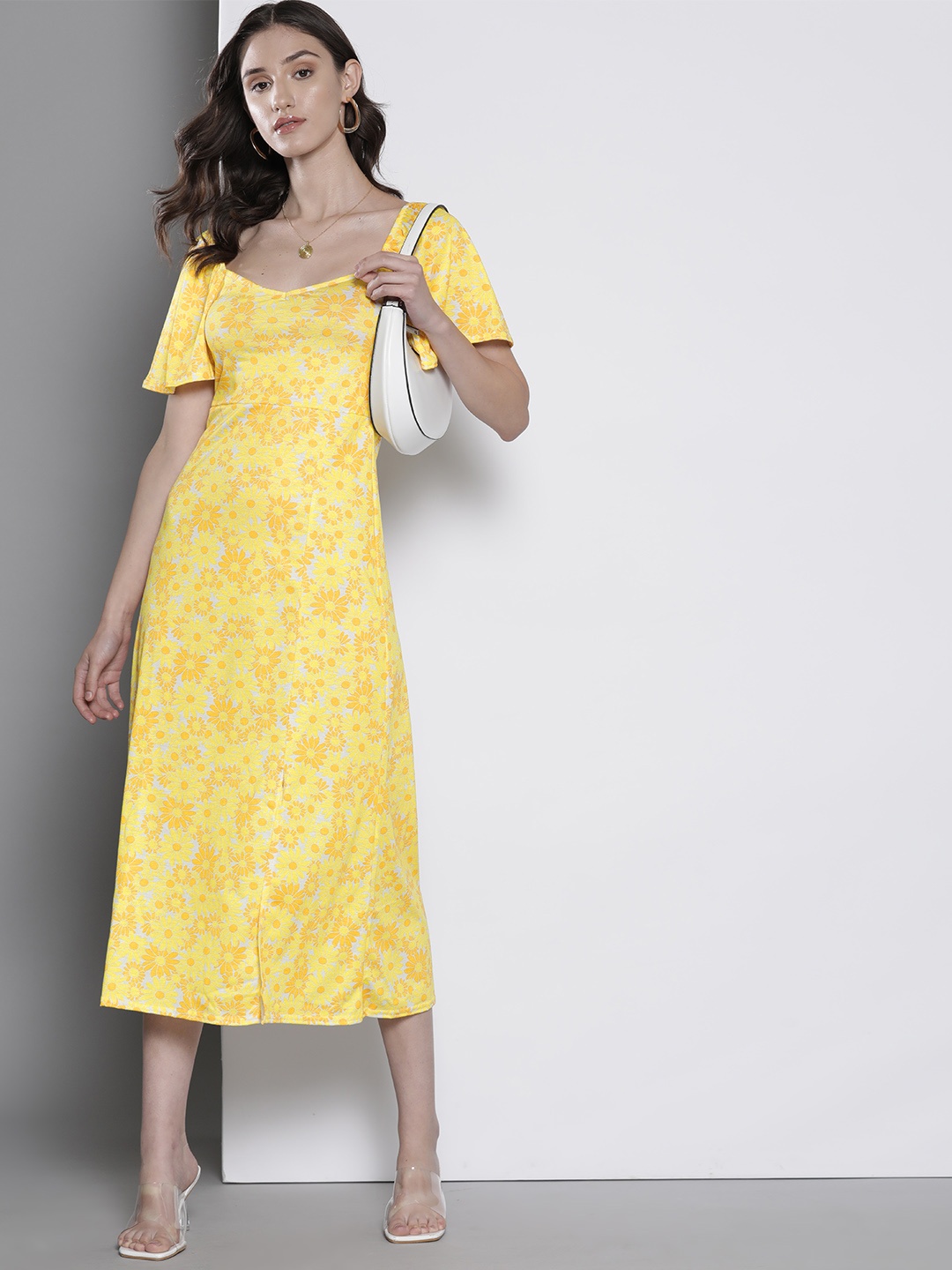 

DOROTHY PERKINS Yellow Floral Print Puff Sleeve A-Line Maxi Dress