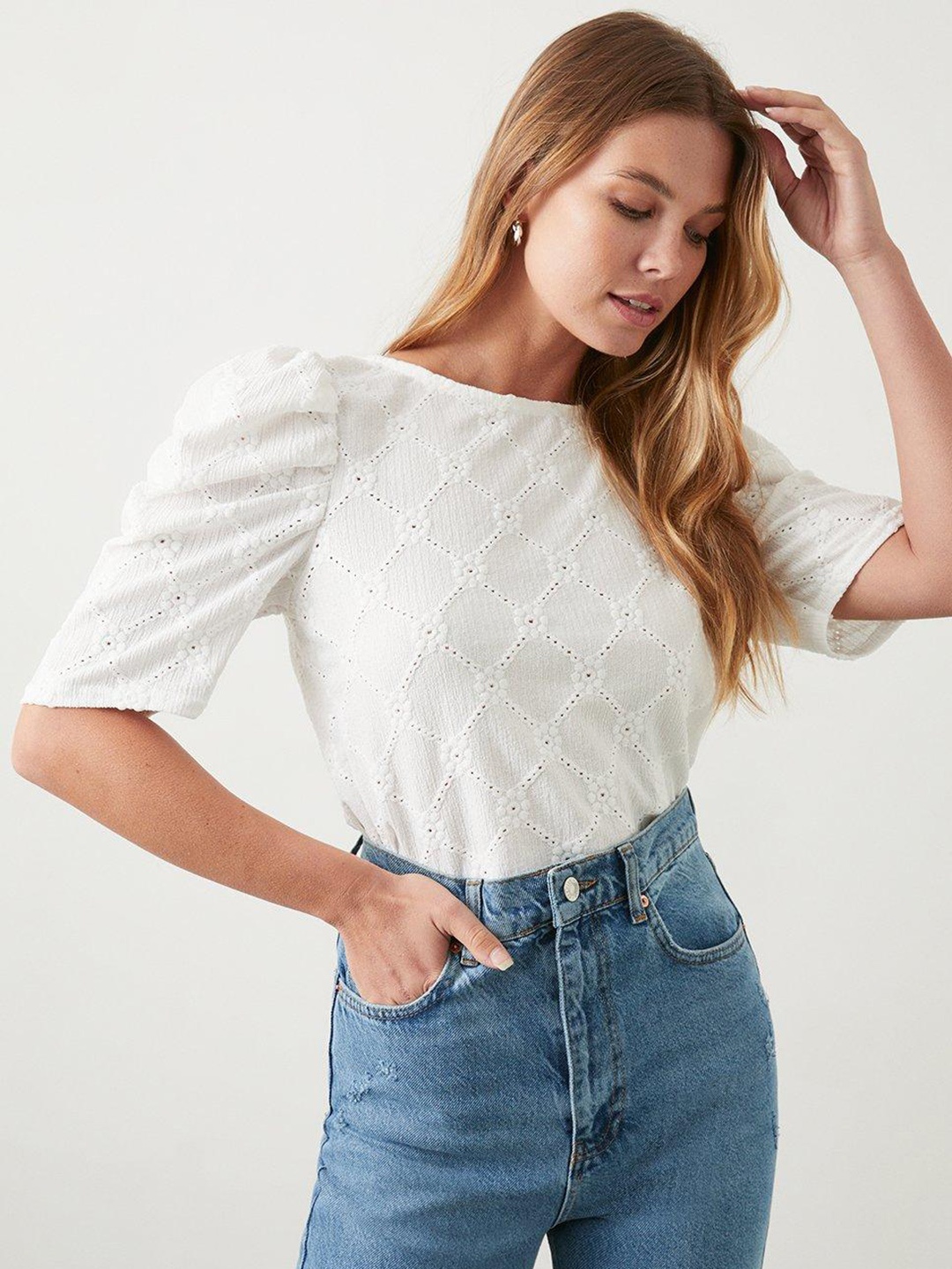 

DOROTHY PERKINS Cotton Puff Sleeve Schiffli Top, White