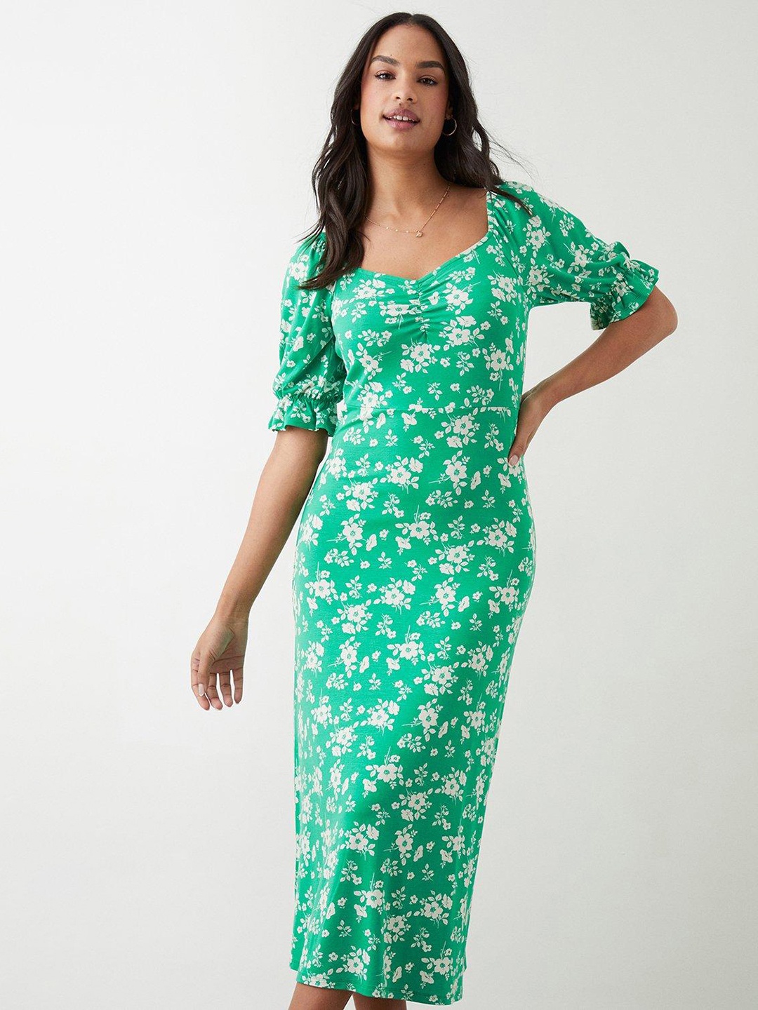 

DOROTHY PERKINS Floral Print Sweetheart Neck Sheath Midi Dress, Green