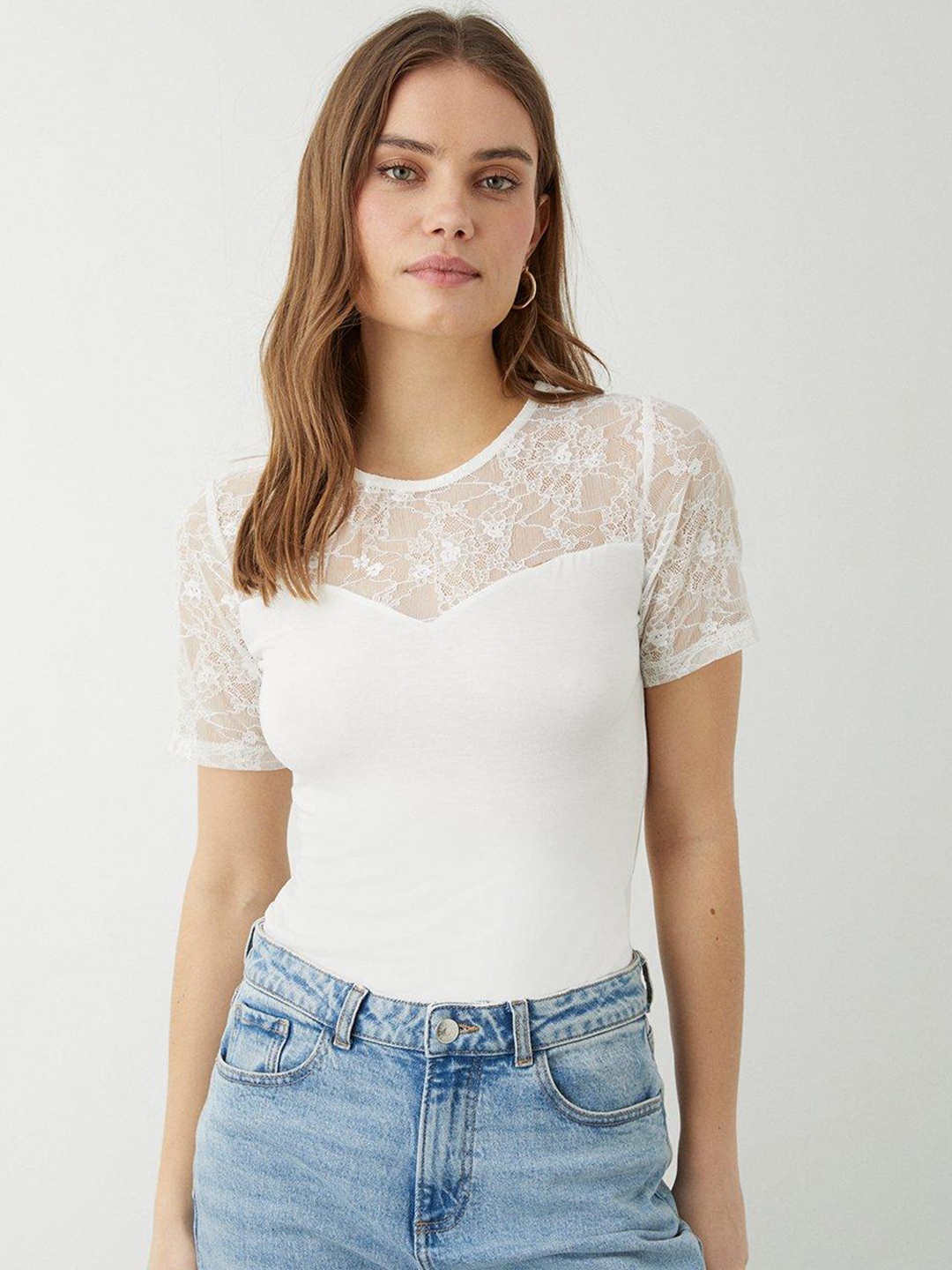 

DOROTHY PERKINS Round Neck Lace Inserts Top, White