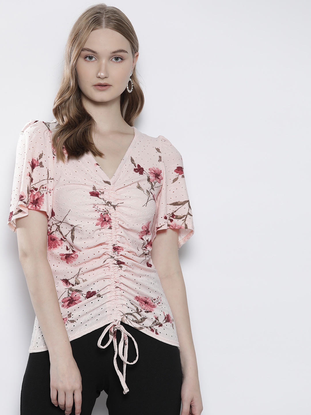 

DOROTHY PERKINS Floral Print Ruched Schiffli Top, Pink