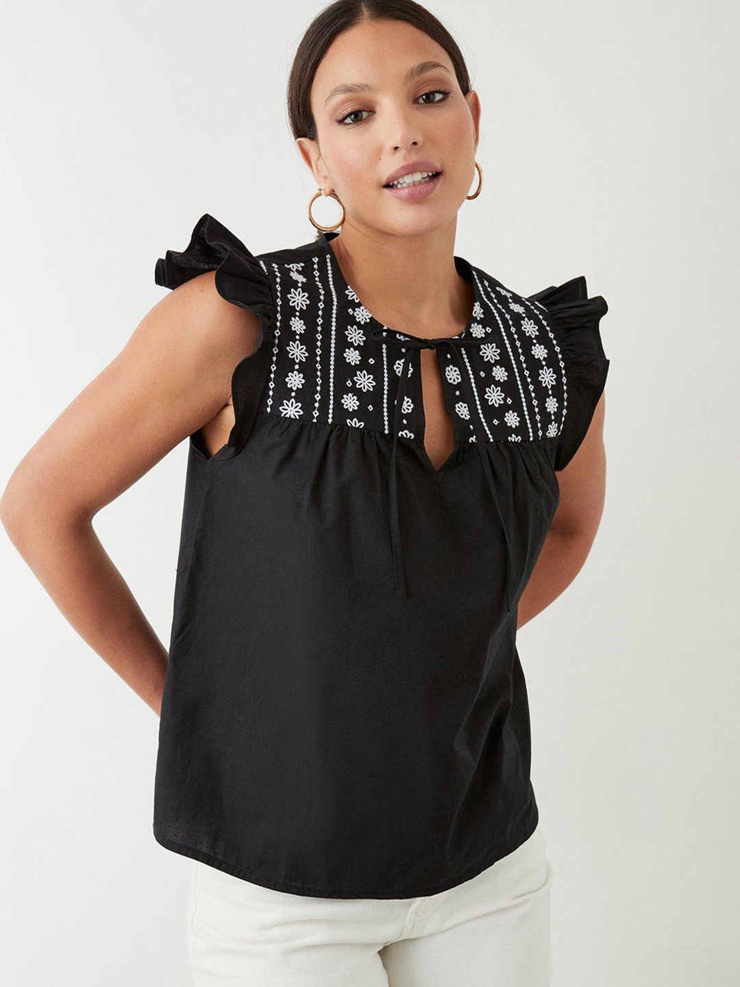

DOROTHY PERKINS Cotton Floral Embroidered Tie-Up Neck Flutter Sleeve Top, Black
