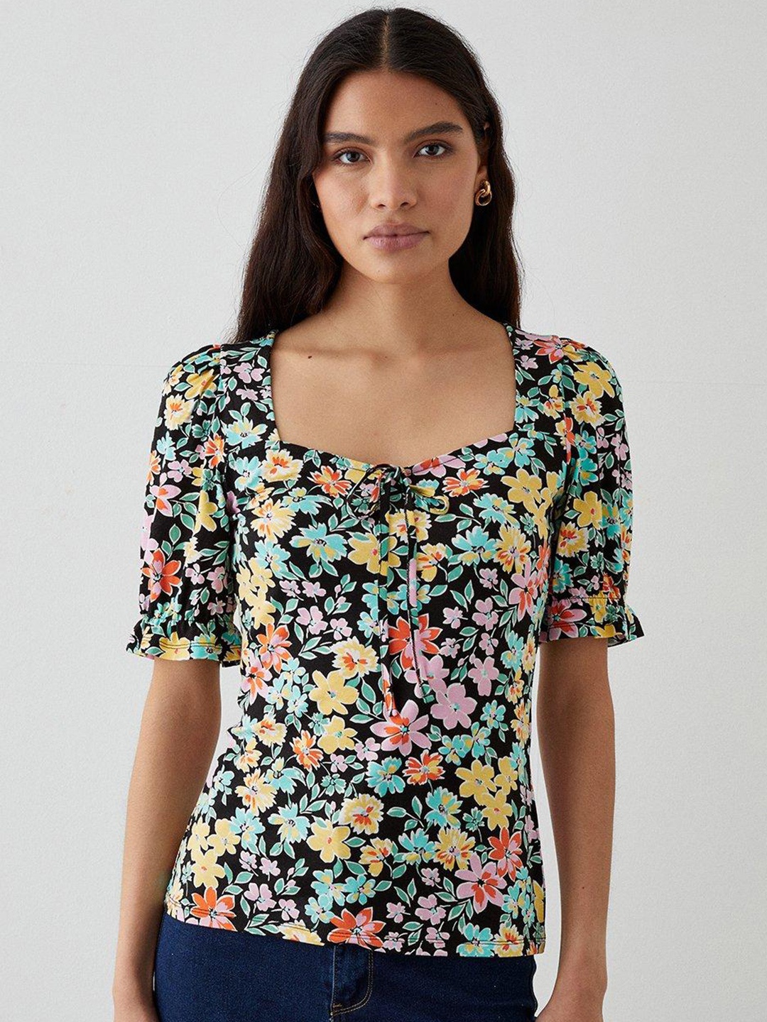 

DOROTHY PERKINS Floral Print Sweetheart Neck Top, Black