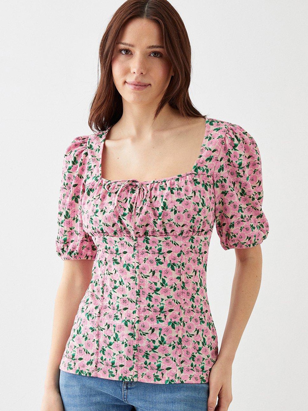 

DOROTHY PERKINS Floral Print Tie-Up Neck Puff Sleeve Empire Top, Off white