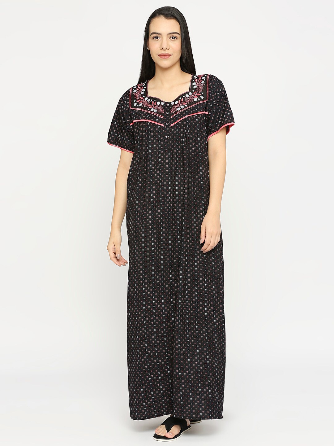 

Pretty Awesome Ethnic Motifs Printed Maxi Nightdress, Black