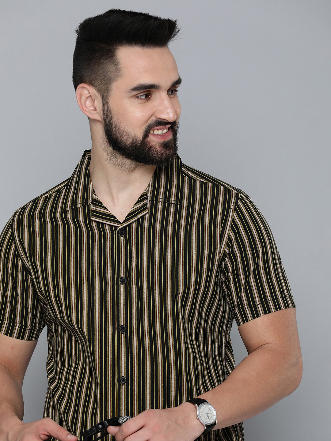 

HERE&NOW Pure Cotton Slim Fit Horizontal Striped Shirt, Black