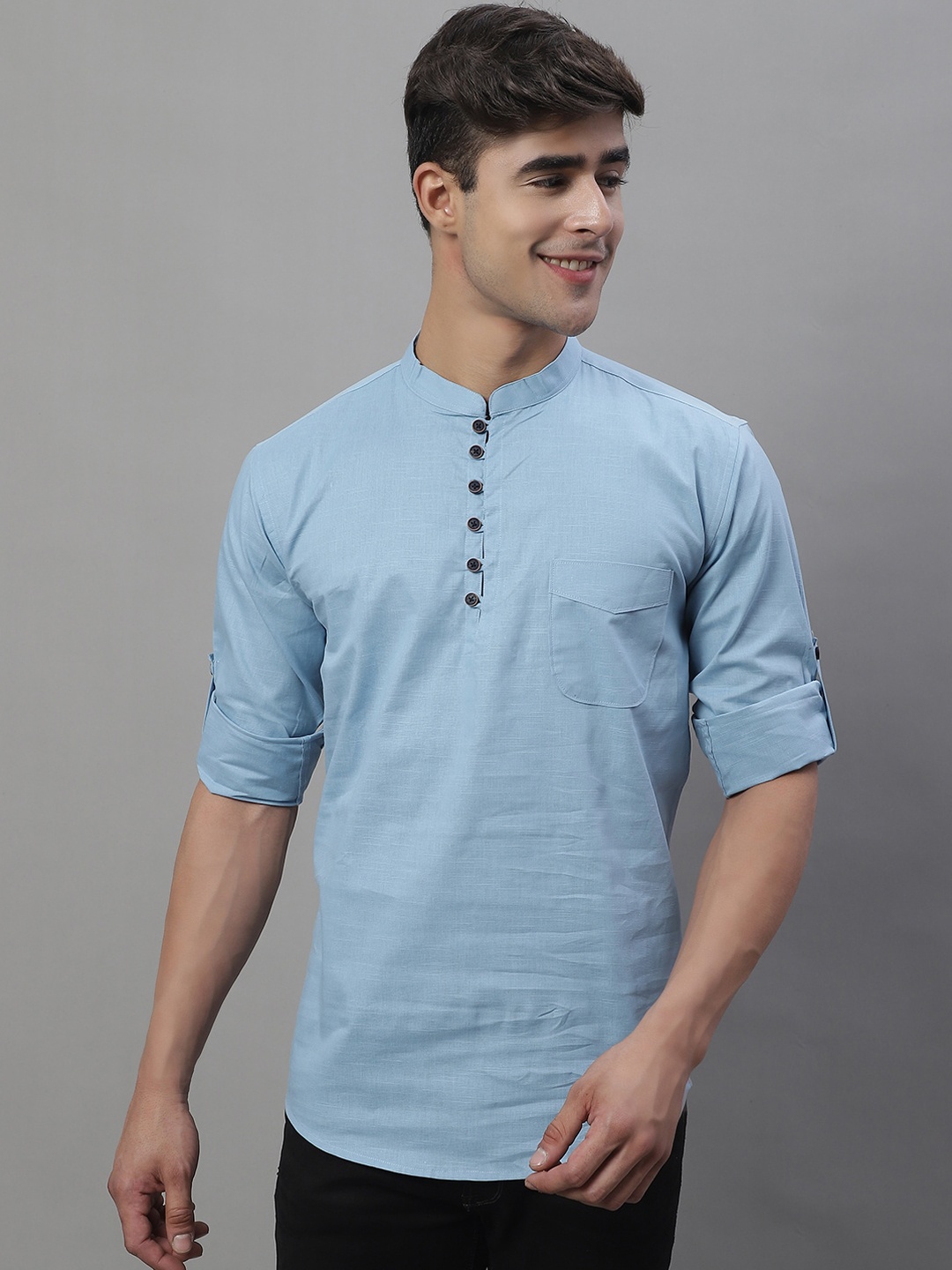 

Majestic Man Mandarin Collar Pure Cotton Short Kurta, Blue
