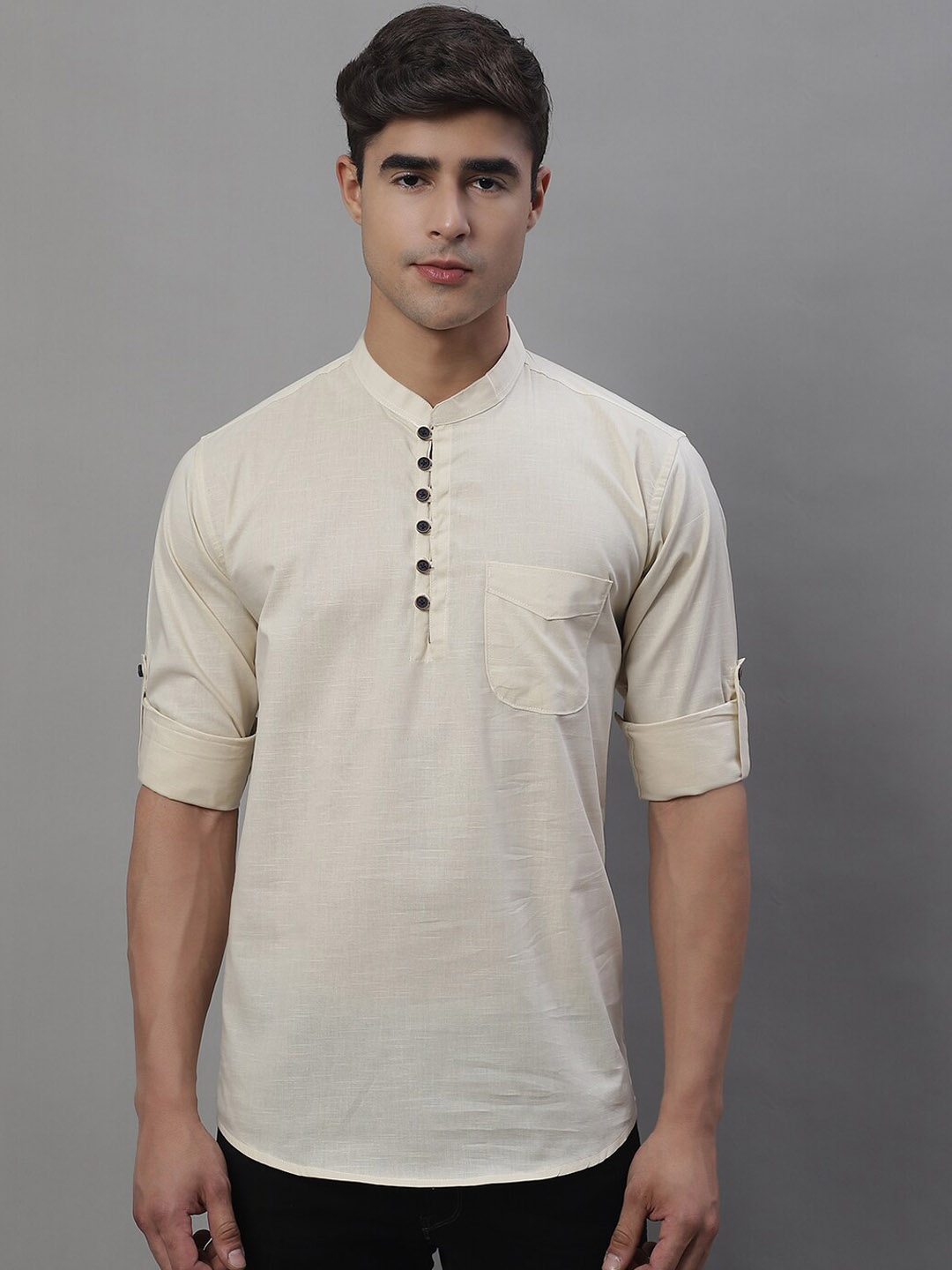 

Majestic Man Mandarin Collar Pure Cotton Short Kurta, Off white