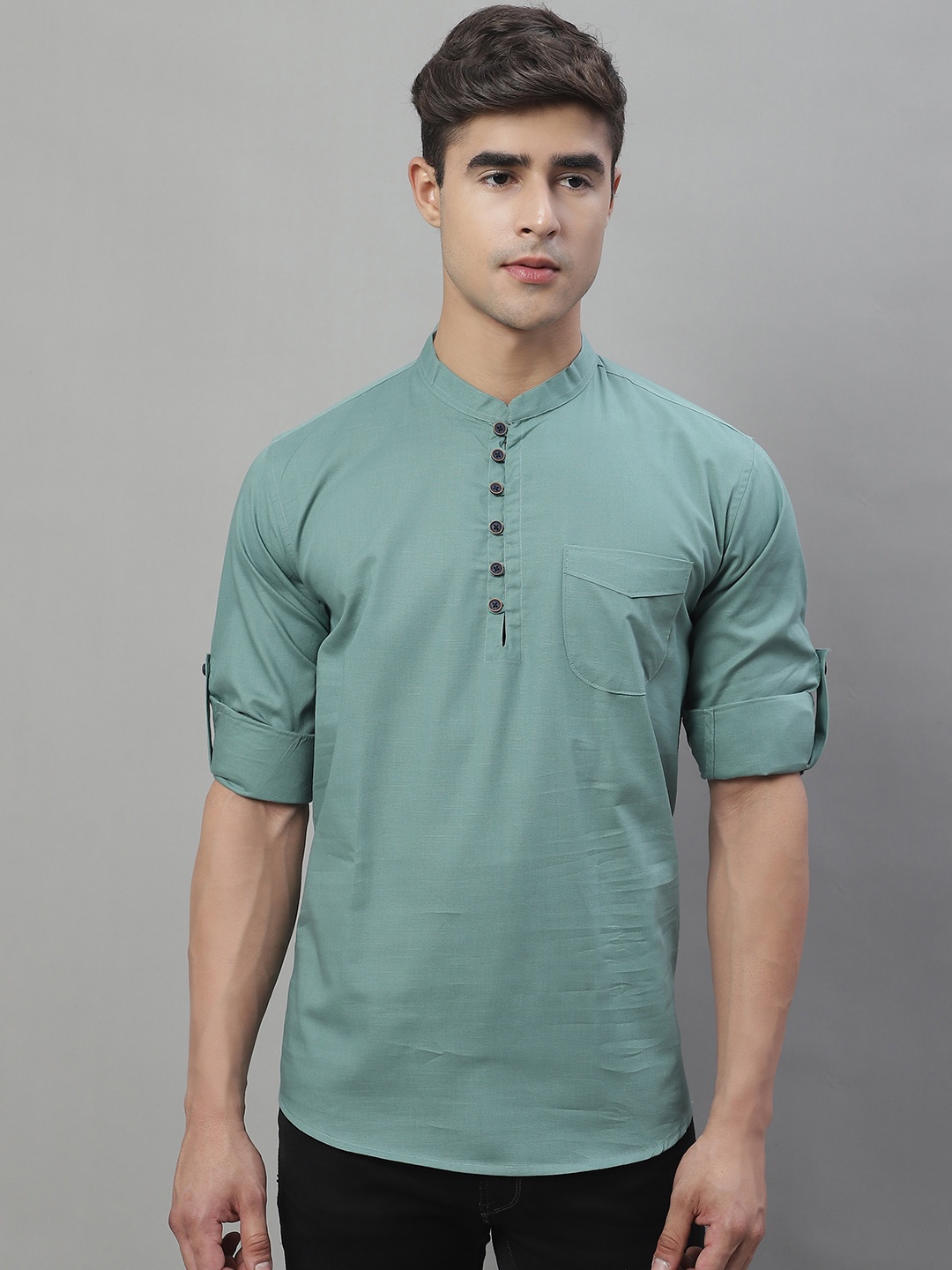 

Majestic Man Mandarin Collar Pure Cotton Above Knee Length Kurta, Teal