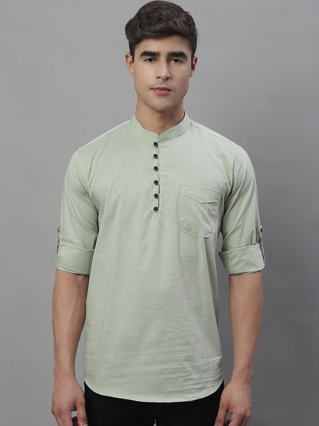 

Majestic Man Mandarin Collar Pure Cotton Short Kurta, Green