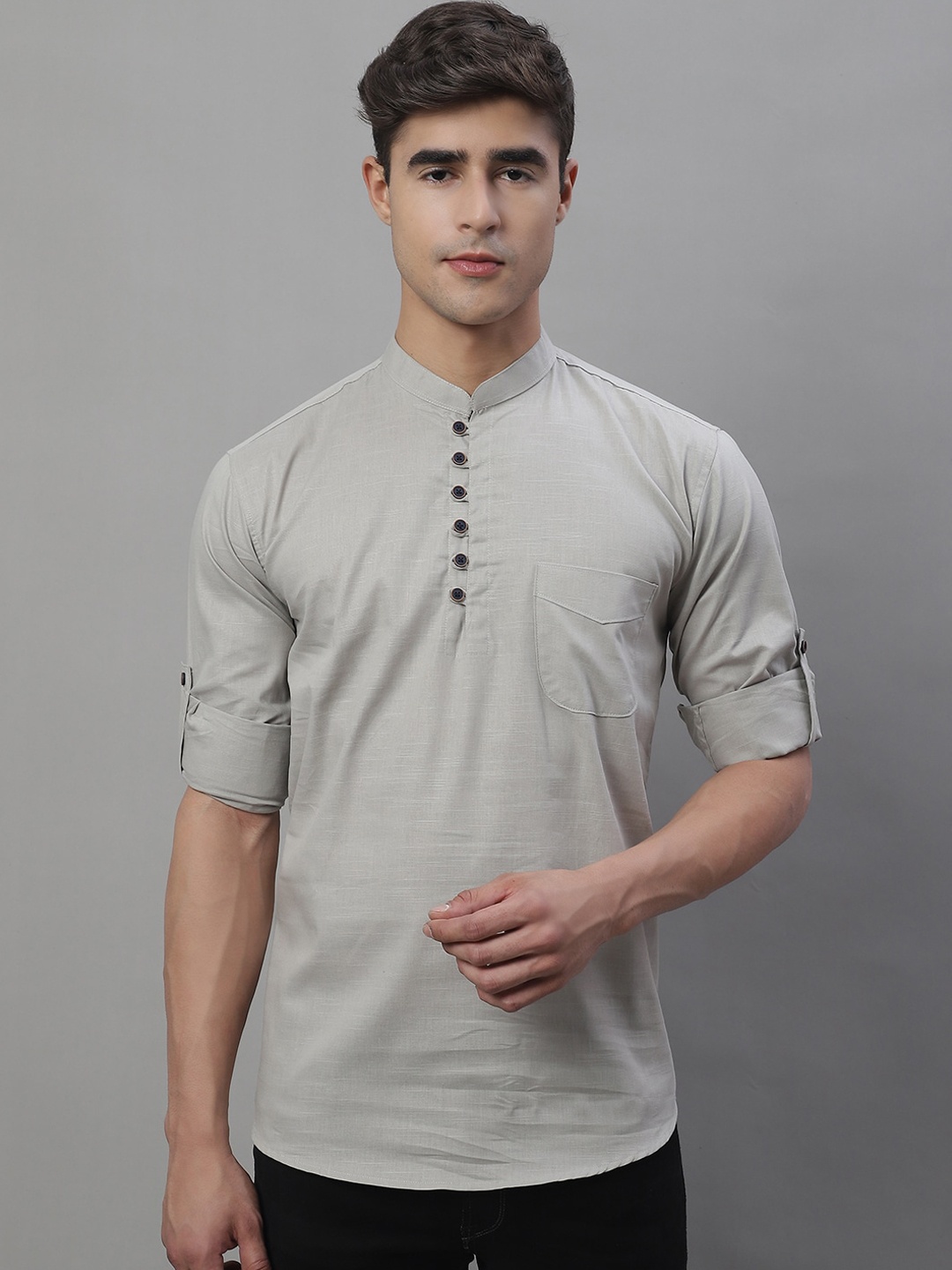 

Majestic Man Mandarin Collar Pure Cotton Short Kurta, Grey