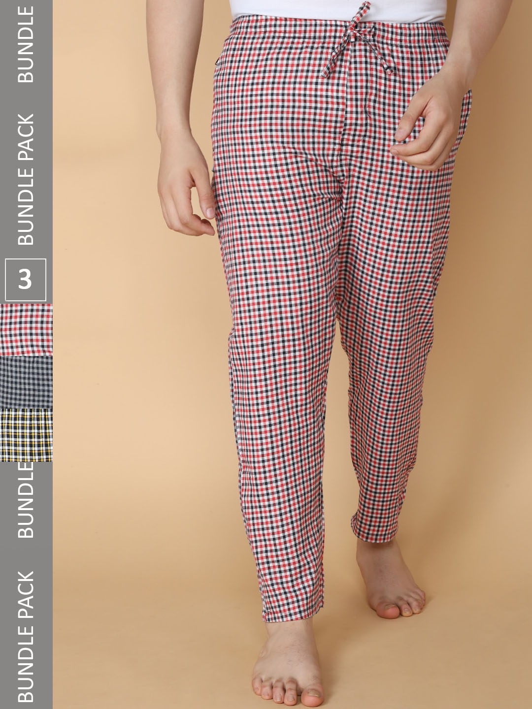 LUX VENUS Men Pack Of 3 Assorted Checked Cotton Lounge Pants
