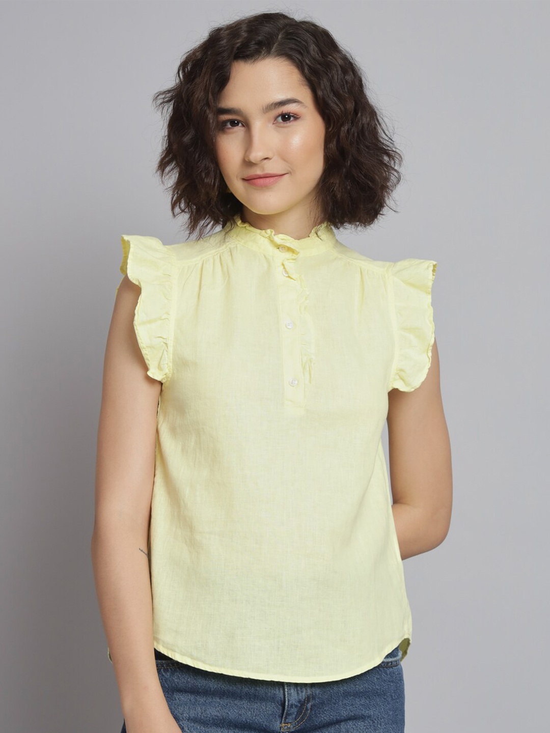 

NoBarr Band Collar Flutter Sleeves Linen Top, Yellow