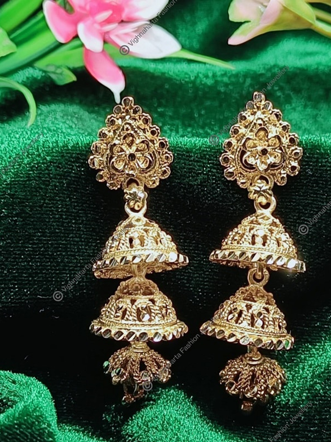 Vighnaharta Gold-Plated Floral Jhumkas