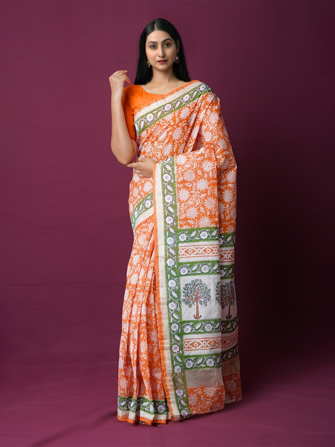 

Unnati Silks Floral Printed Chanderi Saree, Orange