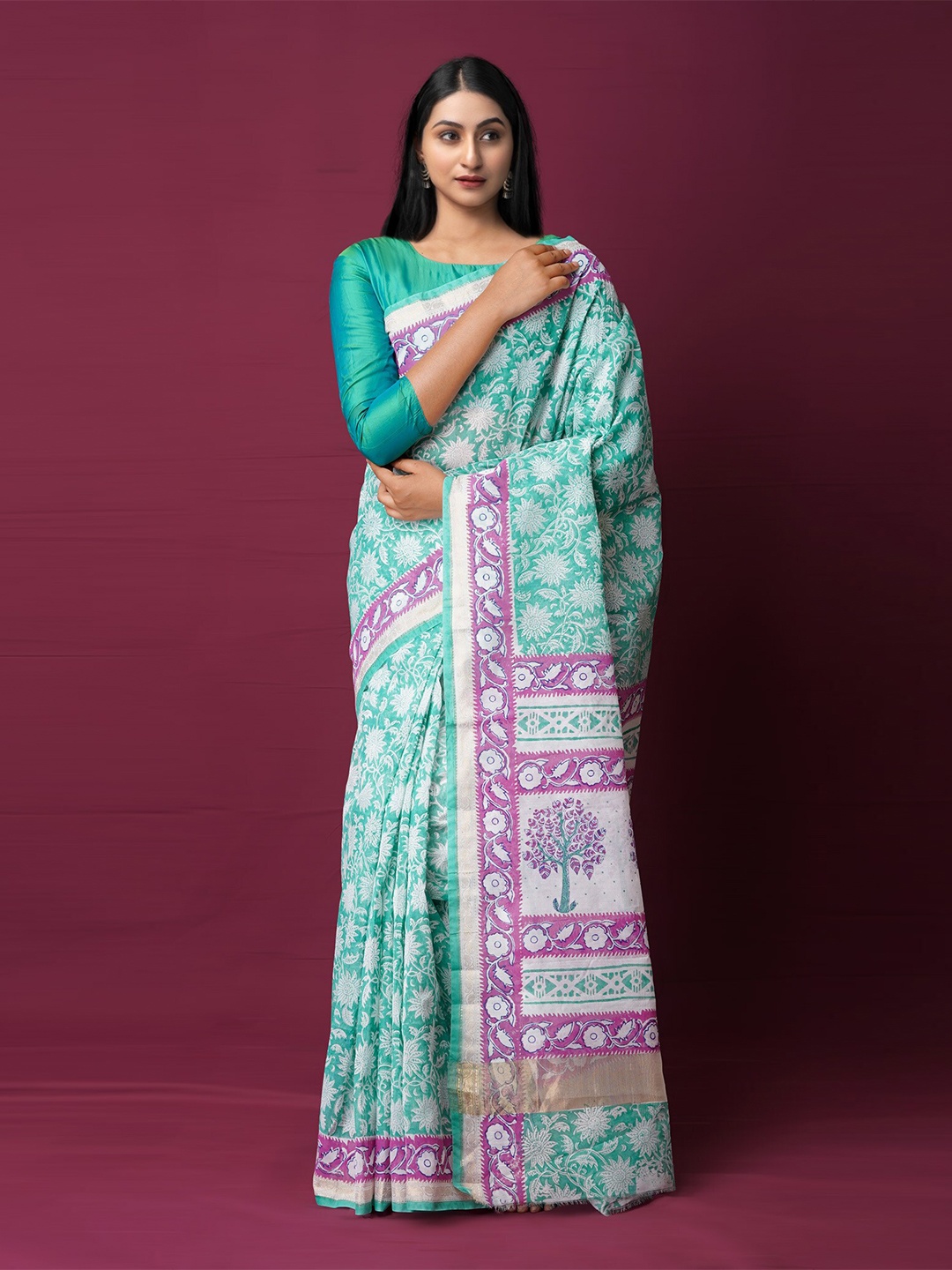 

Unnati Silks Woven Design Zari Silk Cotton Chanderi Saree, Green