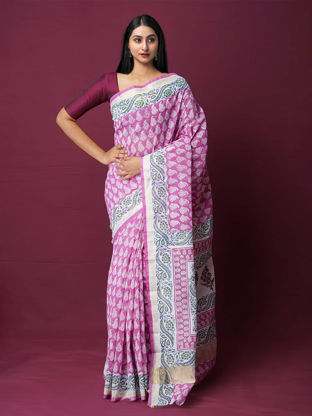 

Unnati Silks Ethnic Motifs Silk Cotton Chanderi Saree, Pink