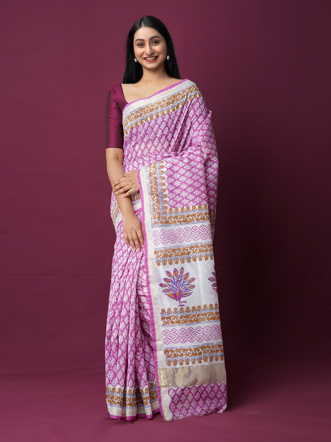 

Unnati Silks Ethnic Motifs Printed Zari Silk Cotton Chanderi Saree, Pink