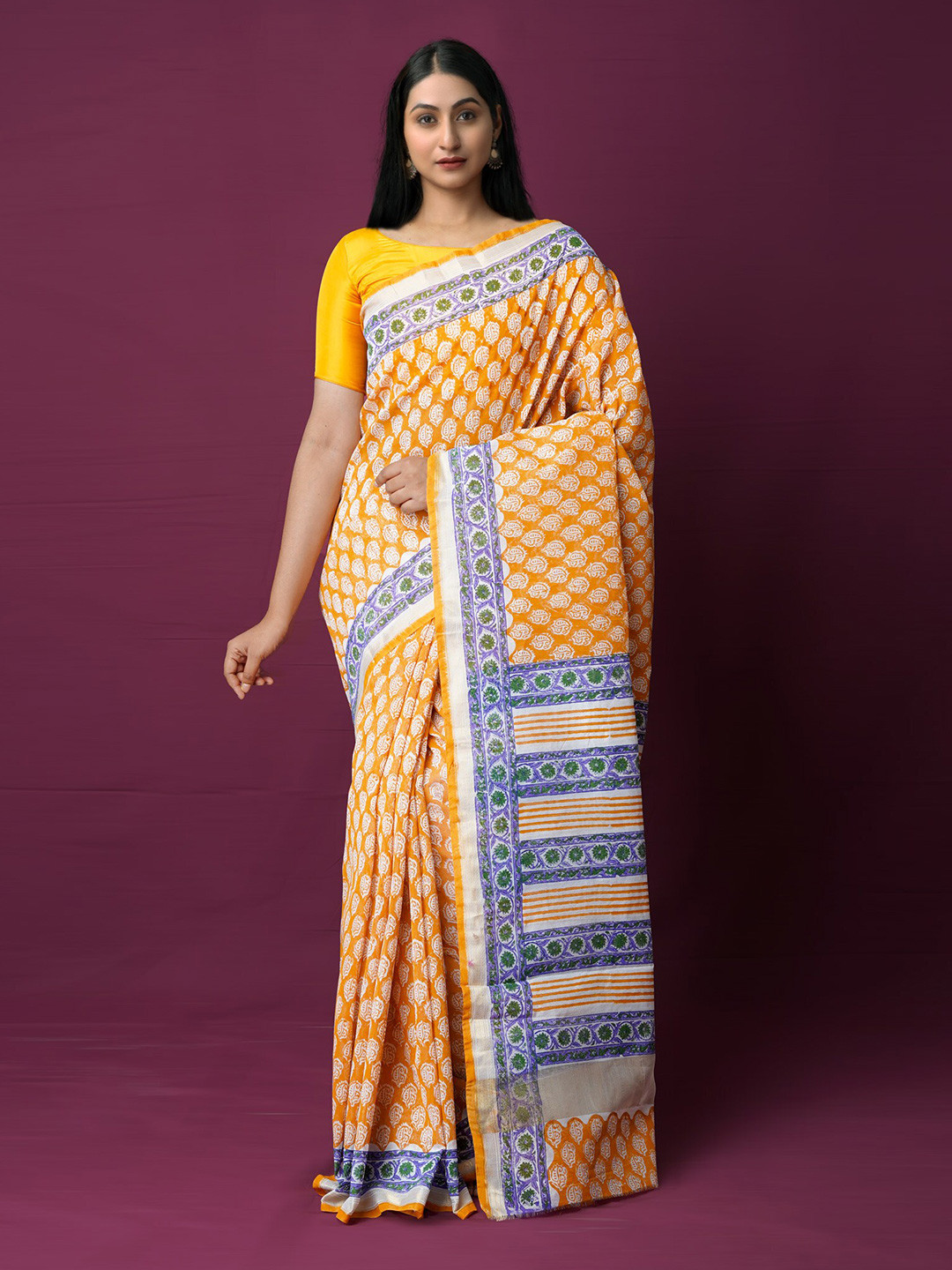 

Unnati Silks Woven Design Zari Silk Cotton Chanderi Saree, Orange