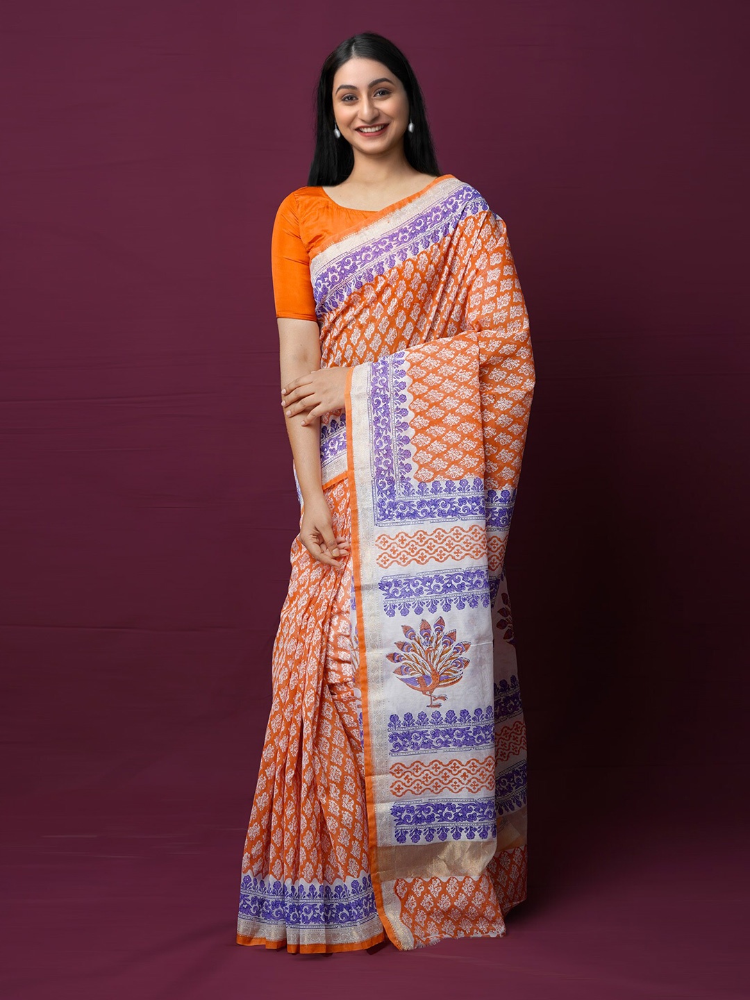 

Unnati Silks Floral printed Silk Cotton Chanderi Saree, Orange