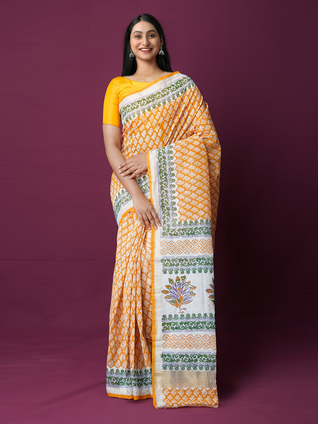 

Unnati Silks Ethnic Motifs Printed Zari Chanderi Saree, Orange