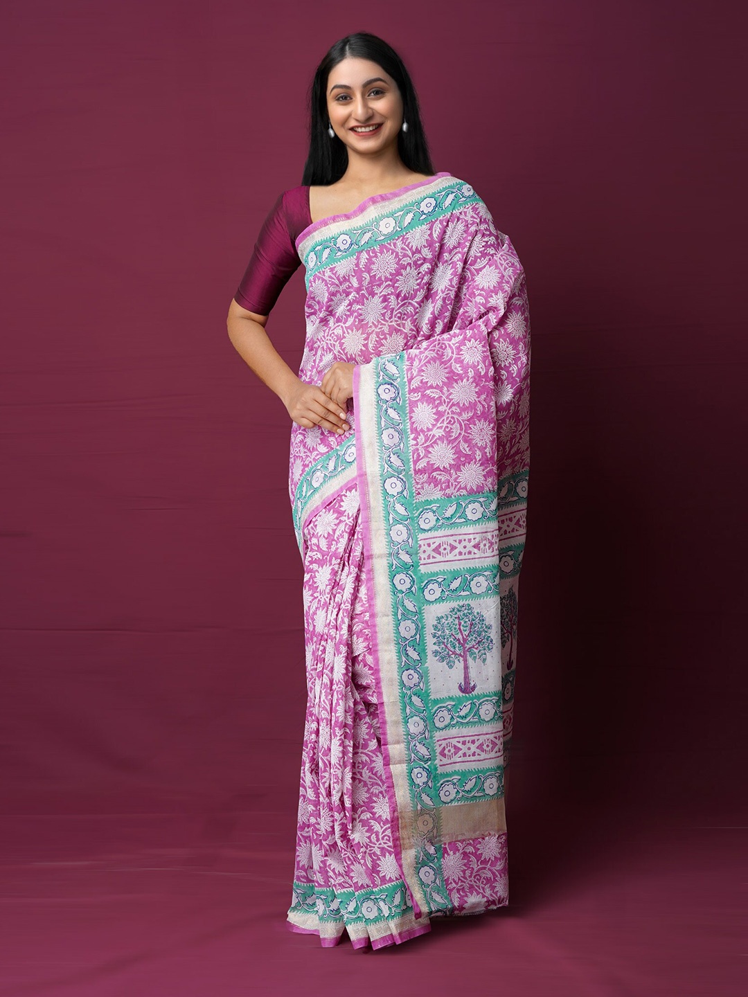 

Unnati Silks Ethnic Motifs Printed Silk Cotton Chanderi Saree, Pink