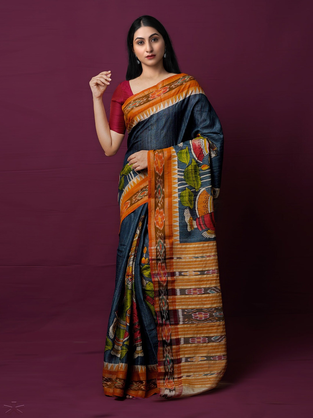 

Unnati Silks Kalamkari Zari Jute Silk Handloom Tussar Saree, Grey