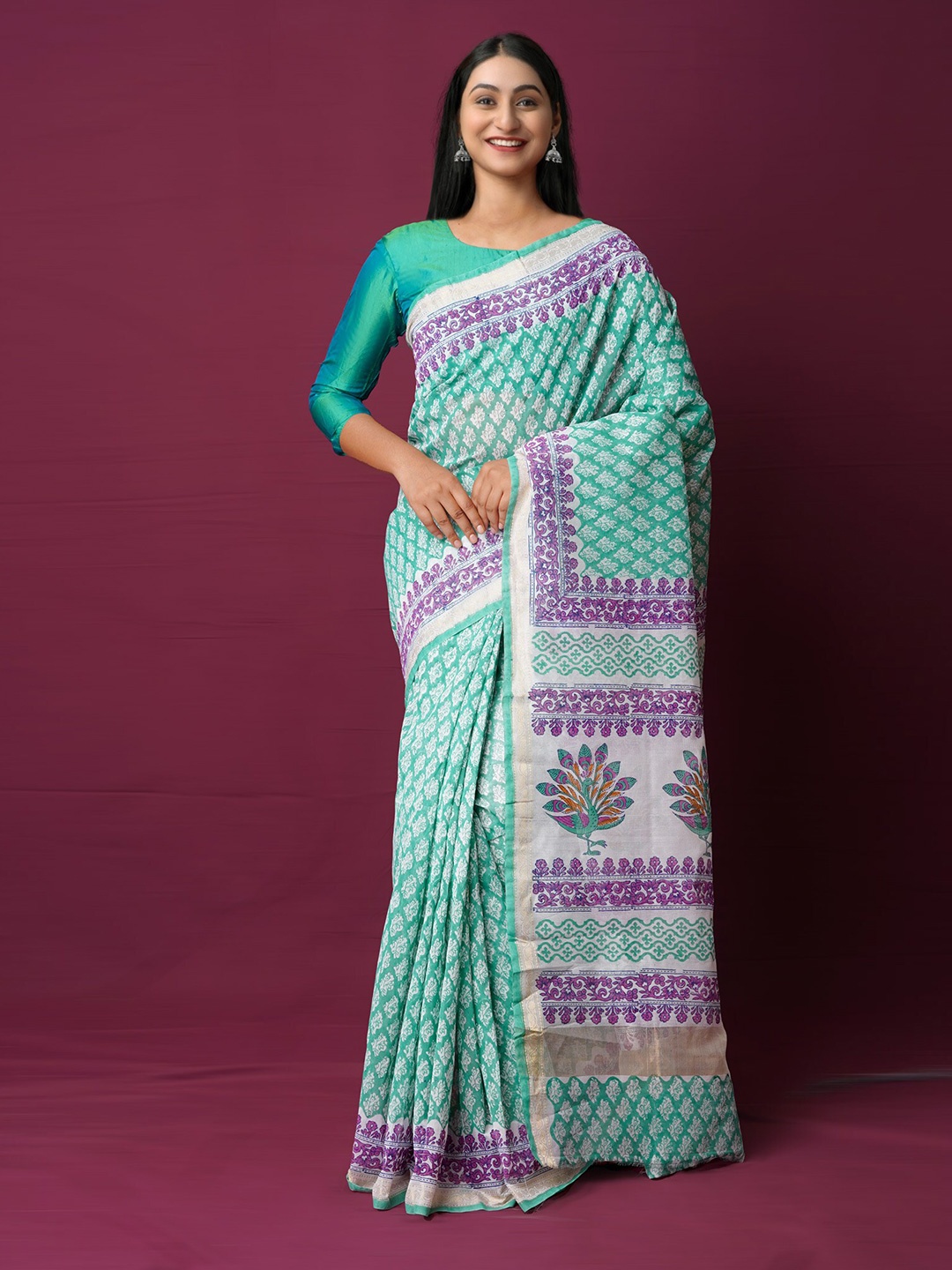 

Unnati Silks Ethnic Motifs Zari Silk Cotton Chanderi Saree, Green