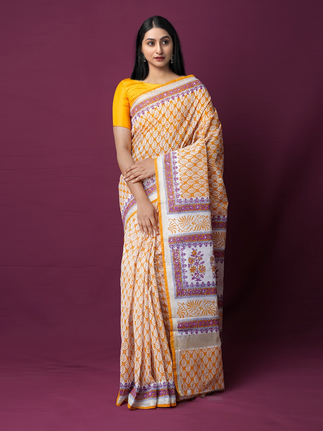 

Unnati Silks Ethnic Motifs Printed Zari Silk Cotton Chanderi Saree, Orange