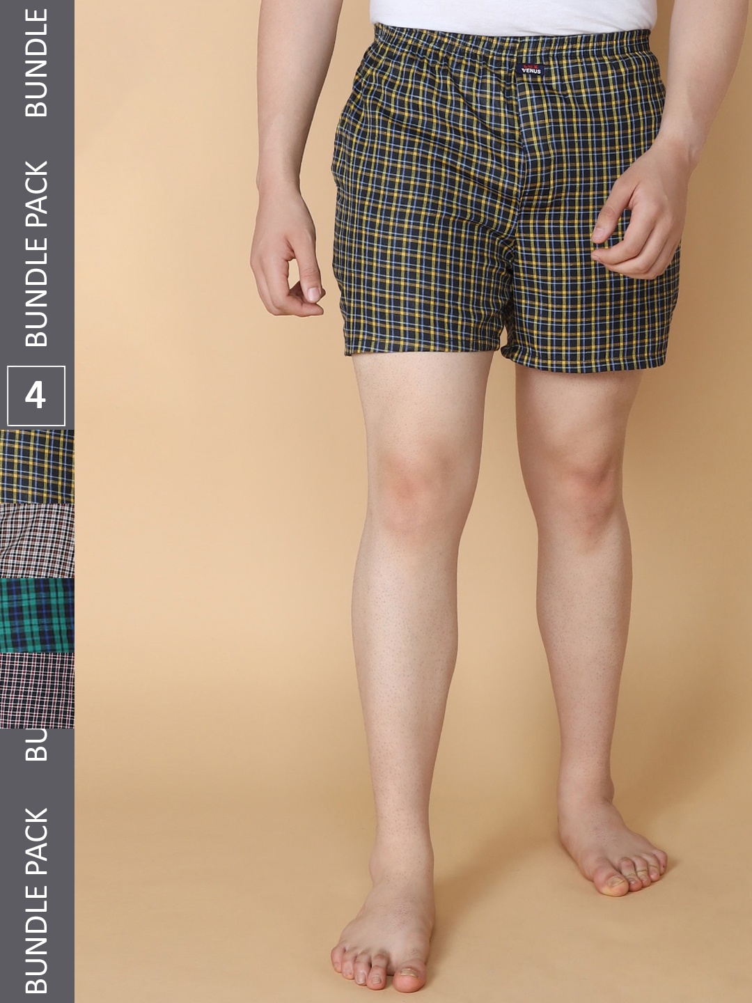 LUX VENUS Men Pack Of 4 Assorted Checked Pure Cotton Boxers