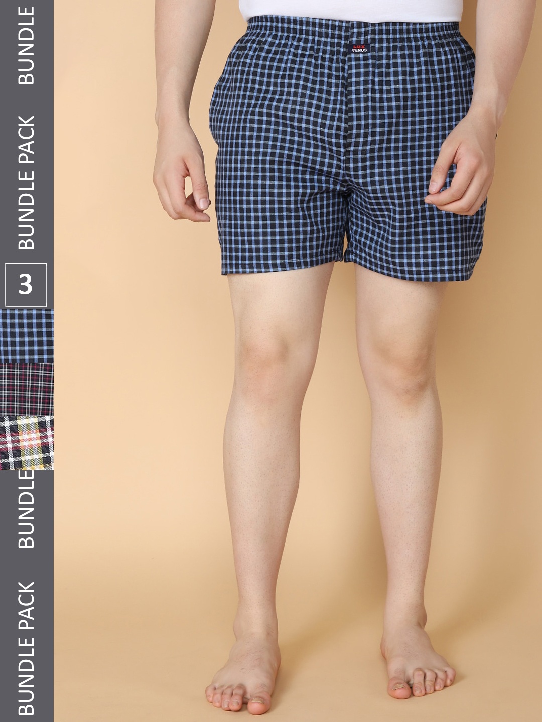 LUX VENUS Men Pack Of 3 Assorted Checked Cotton Boxers