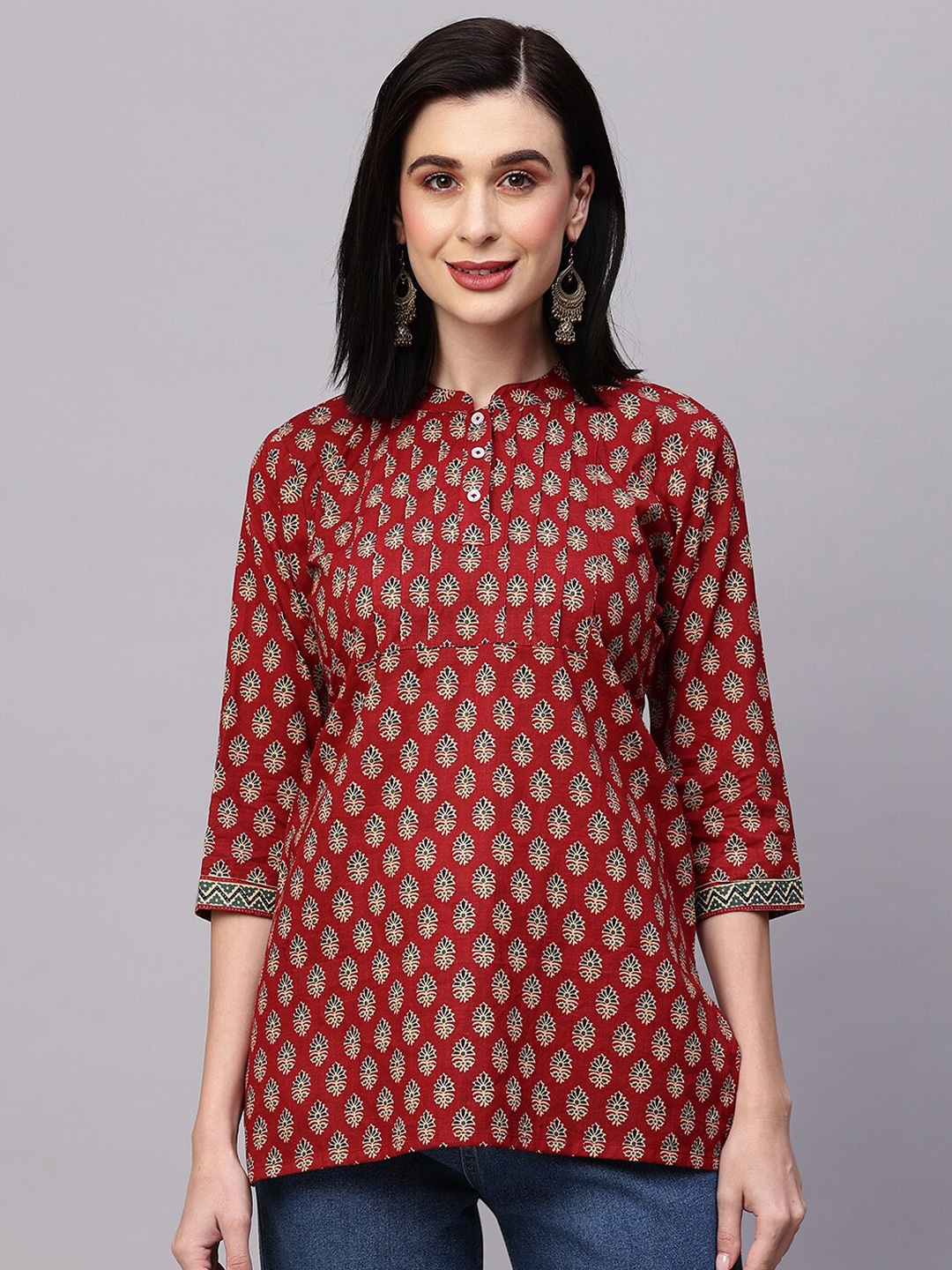 

AVANSHEE Ethnic Motifs Printed Mandarin Collar Cotton Tunic, Red