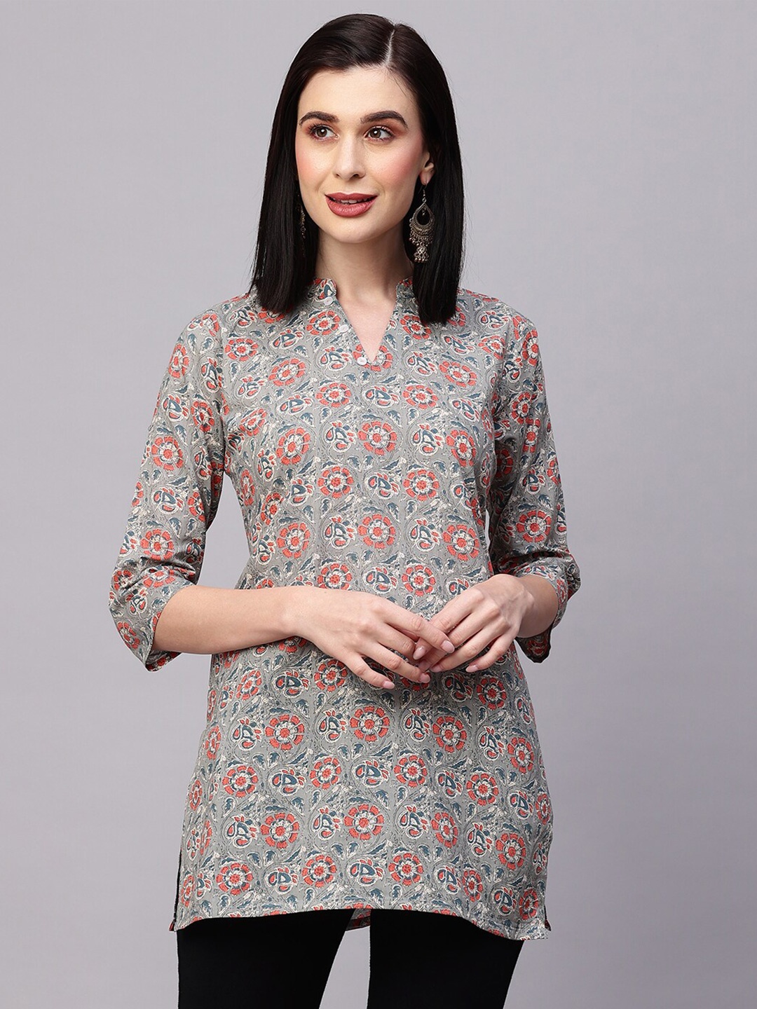 

AVANSHEE Floral Printed Mandarin Collar Cotton Tunic, Grey