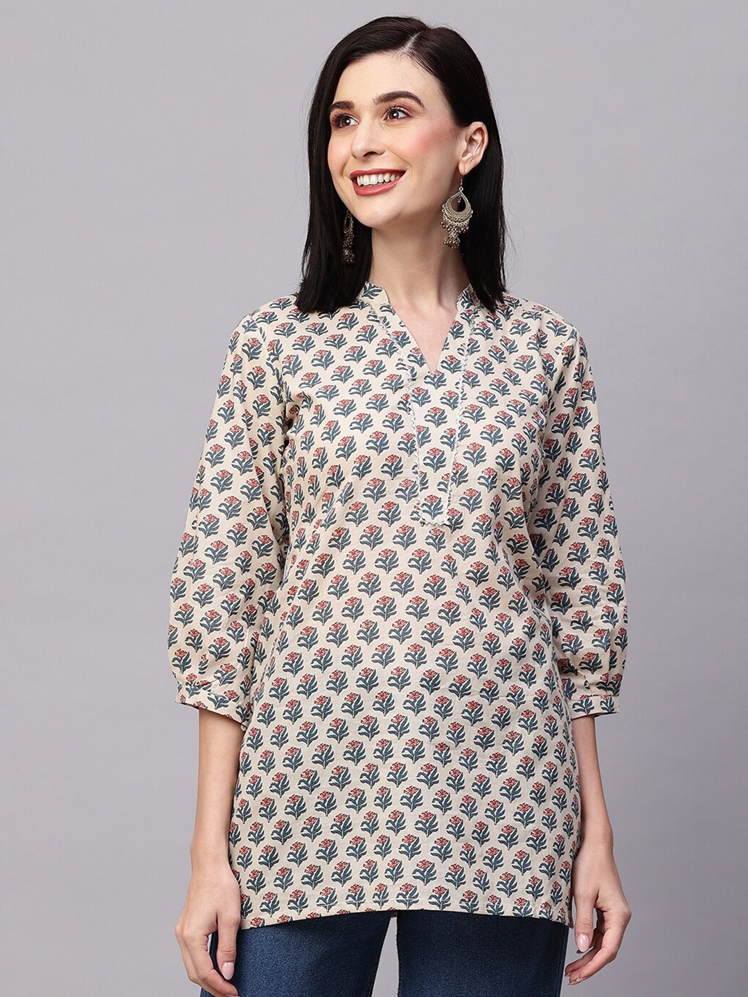 

AVANSHEE Ethnic Motifs Printed Mandarin Collar Cotton Tunic, Cream