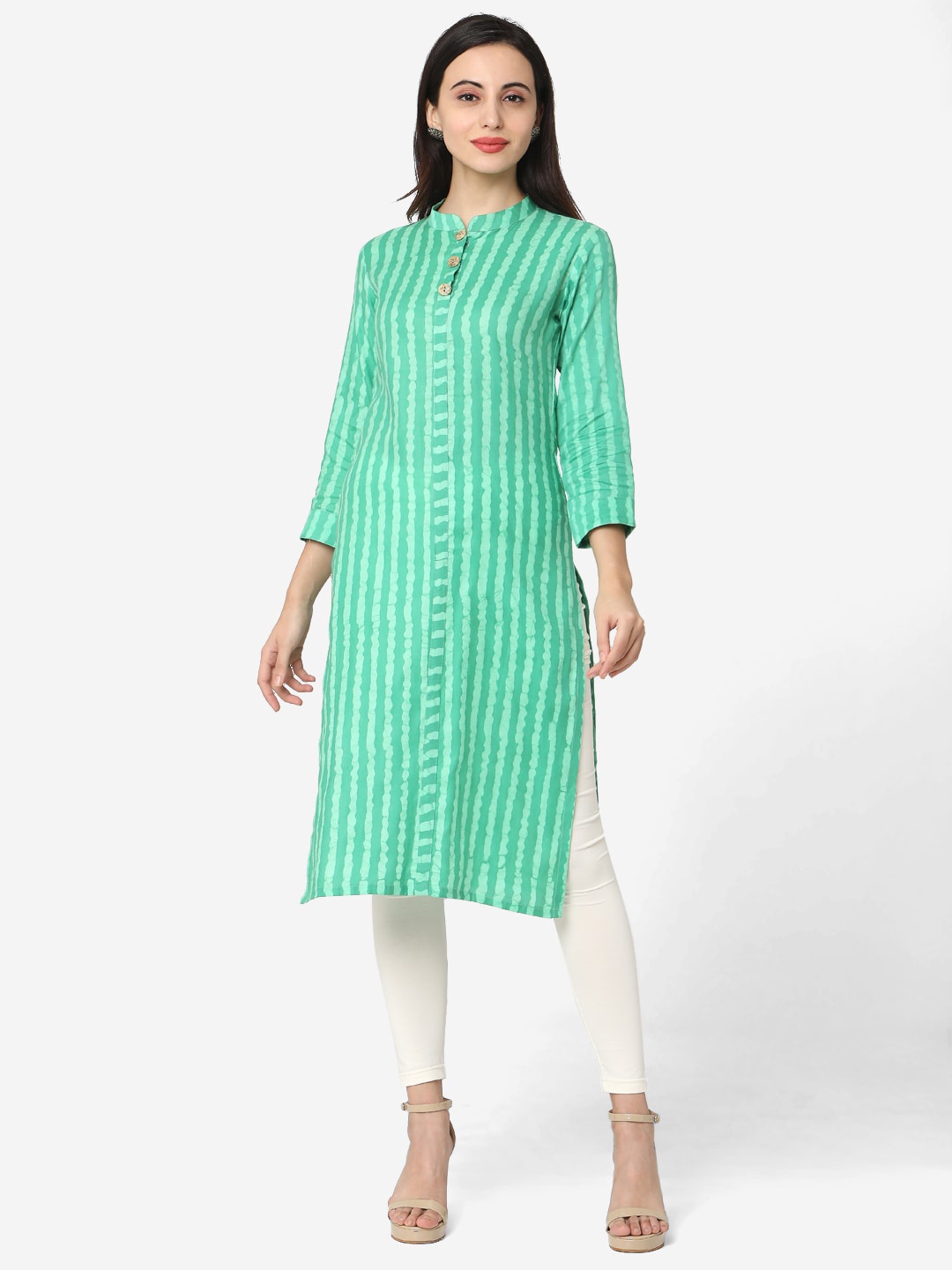 

KALINI Green & White Striped Mandarin Collar Cotton Kurta