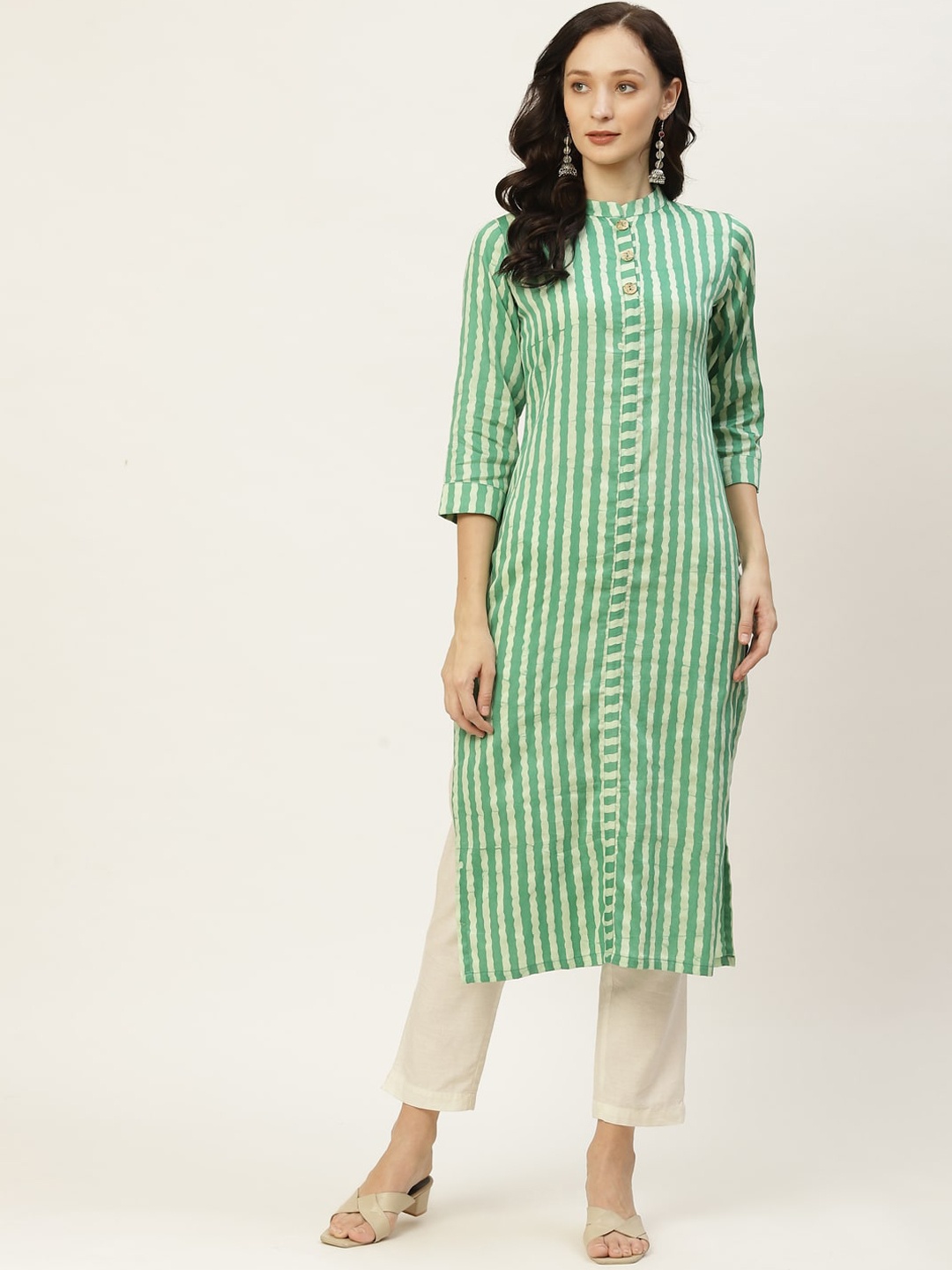 

KALINI Green & White Striped Mandarin Collar Cotton Kurta