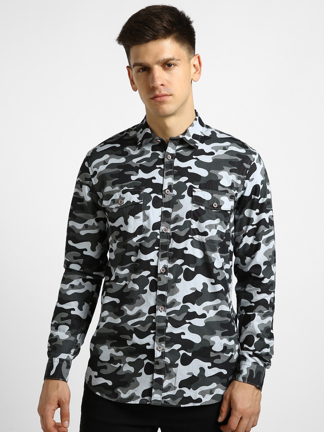 

Urbano Fashion Slim Fit Camouflage Printed Casual Pure Cotton Shirt, Grey