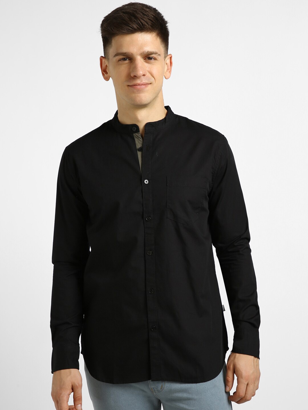 

Urbano Fashion Band Collar Slim Fit Casual Pure Cotton Shirt, Black