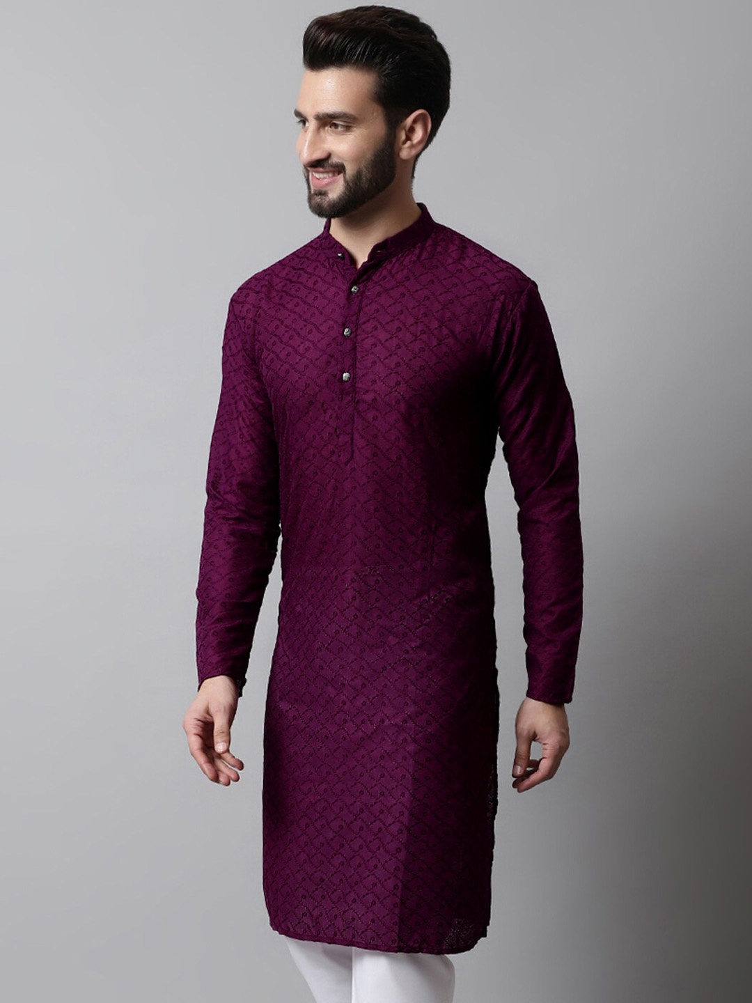 

Jompers Embroidered Mandarin Collar Cotton Kurta, Purple