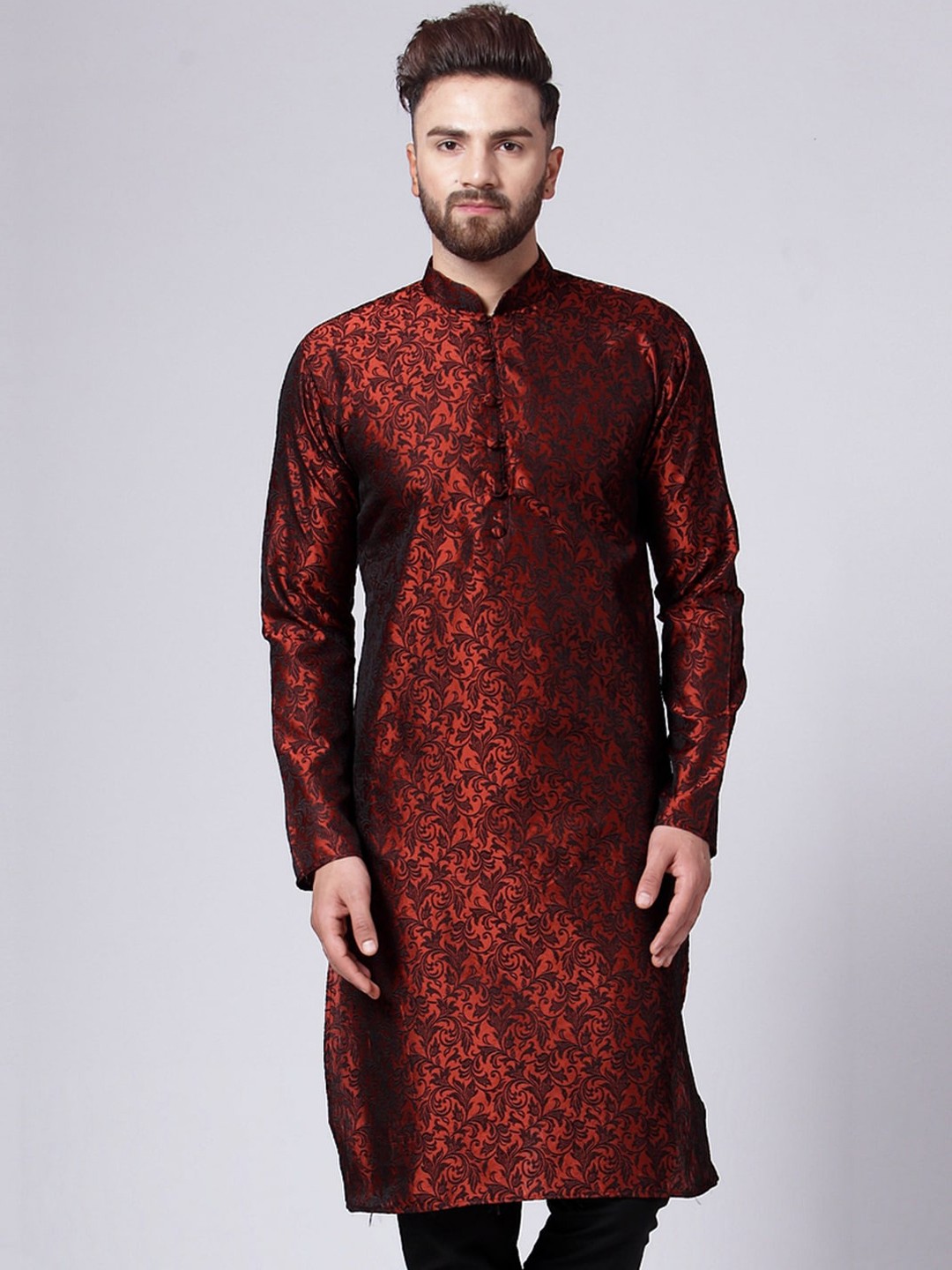 

Jompers Floral Woven Design Mandarin Collar Jacquard Cotton Silk Kurta, Maroon