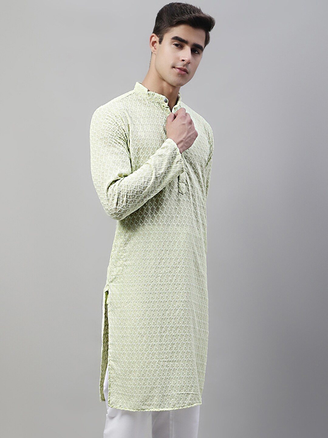 

Jompers Embroidered Mandarin Collar Cotton Kurta, Green