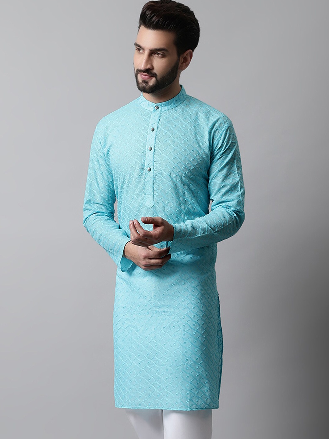 

Jompers Embroidered Mandarin Collar Cotton Kurta, Turquoise blue