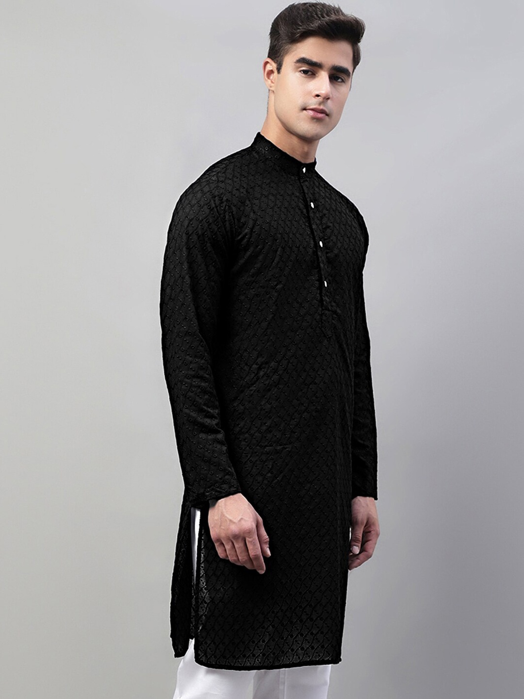 

Jompers Embroidered Mandarin Collar Cotton Kurta, Black