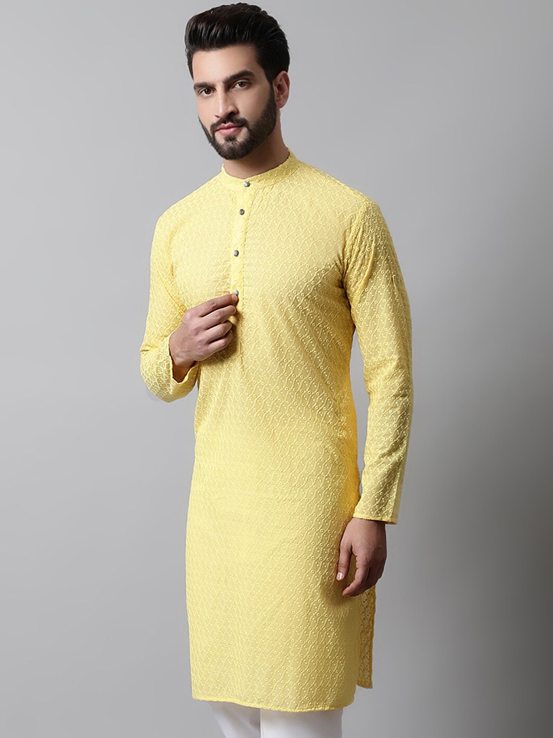 

Jompers Embroidered Mandarin Collar Cotton Kurta, Yellow