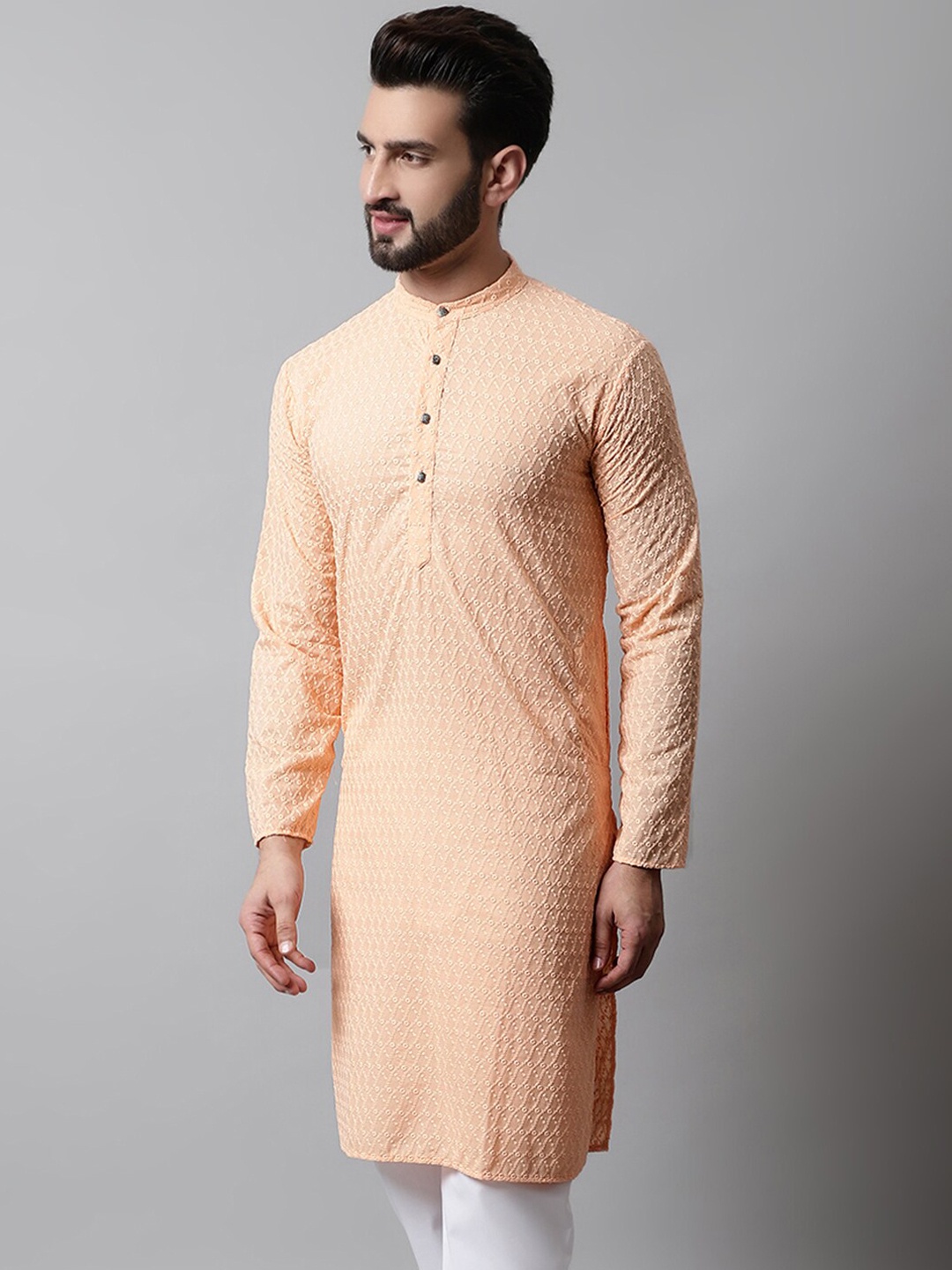 

Jompers Embroidered Mandarin Collar Cotton Kurta, Peach