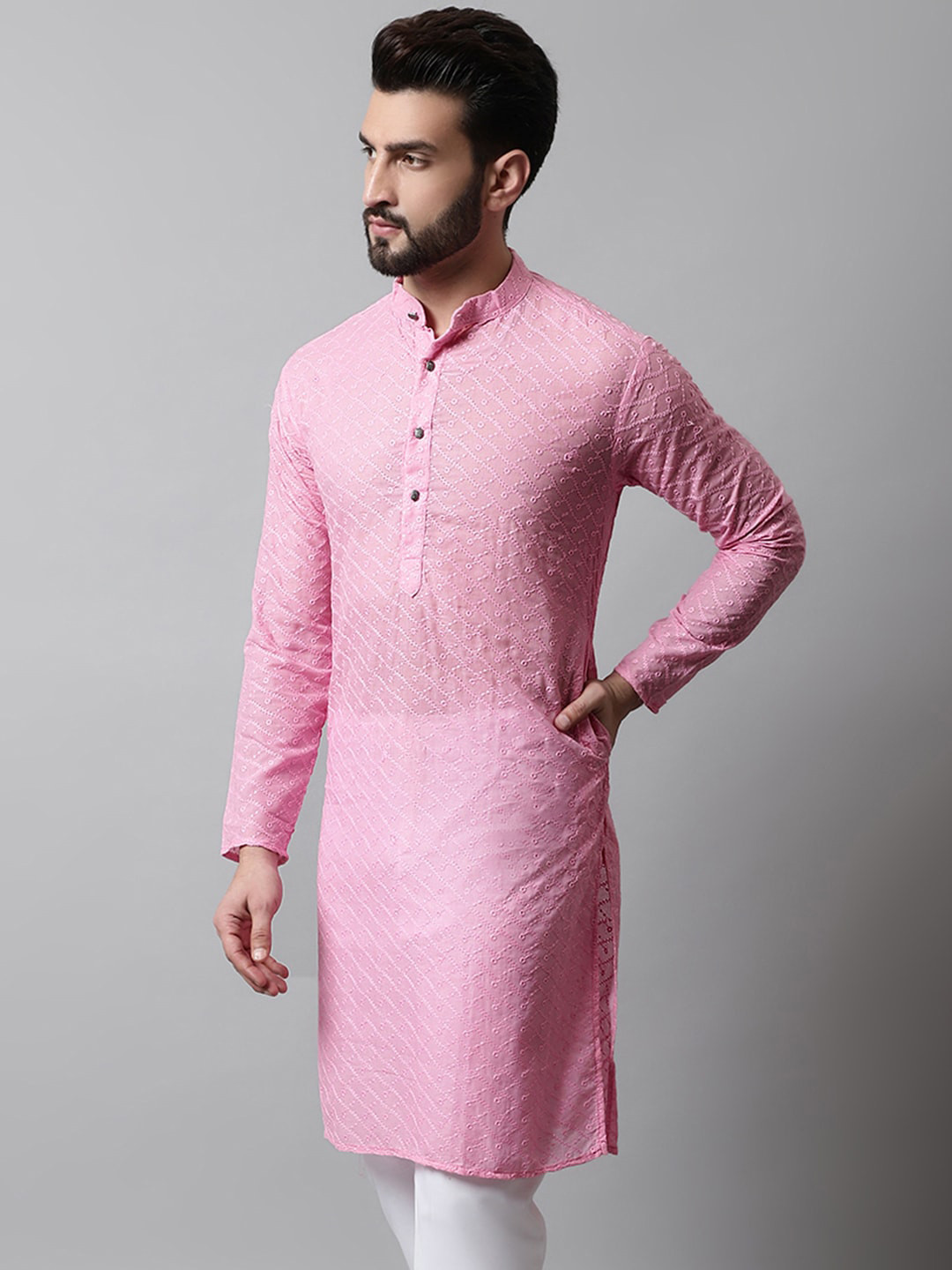 

Jompers Embroidered Mandarin Collar Cotton Kurta, Pink