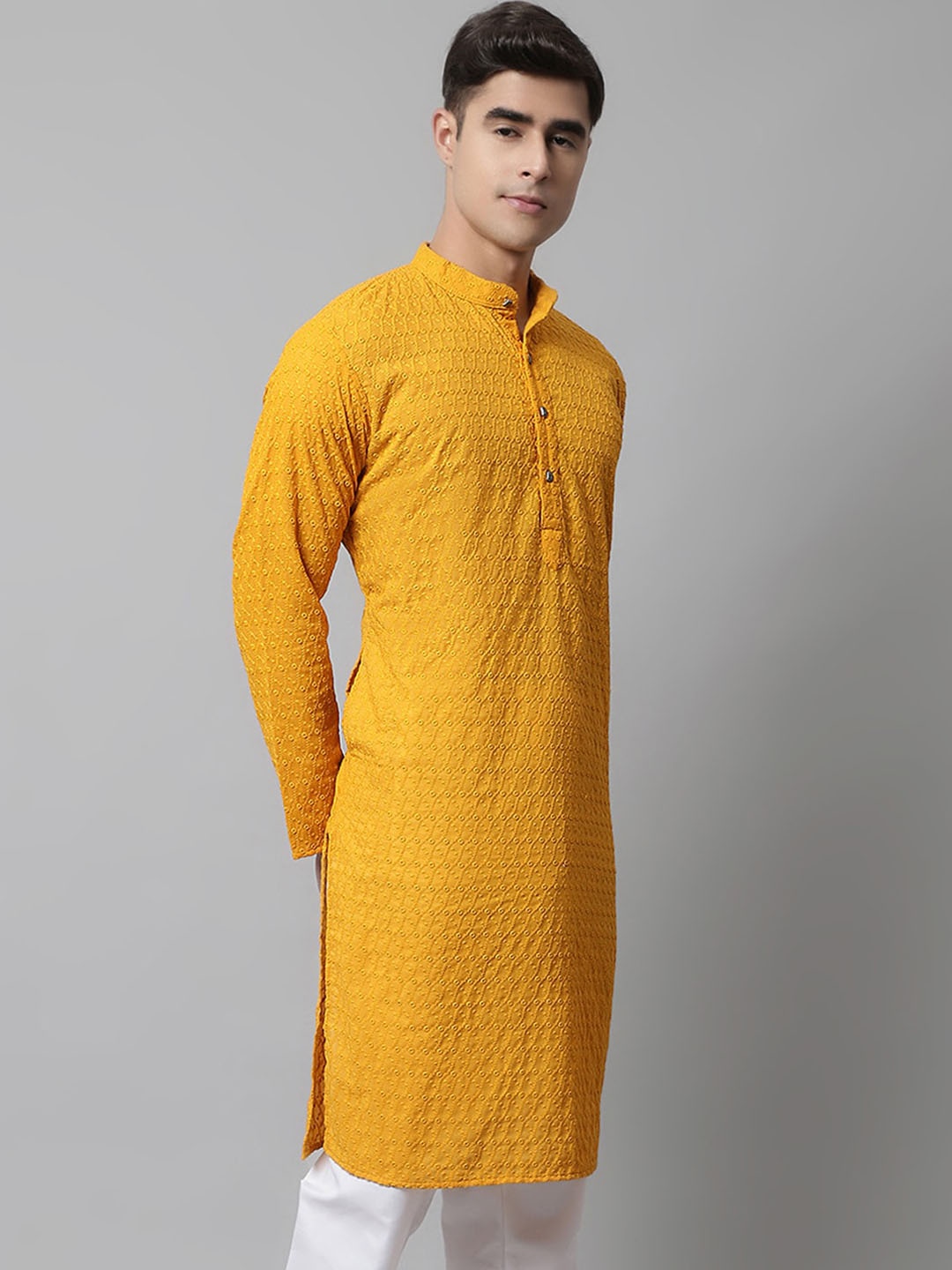 

Jompers Embroidered Mandarin Collar Cotton Kurta, Mustard