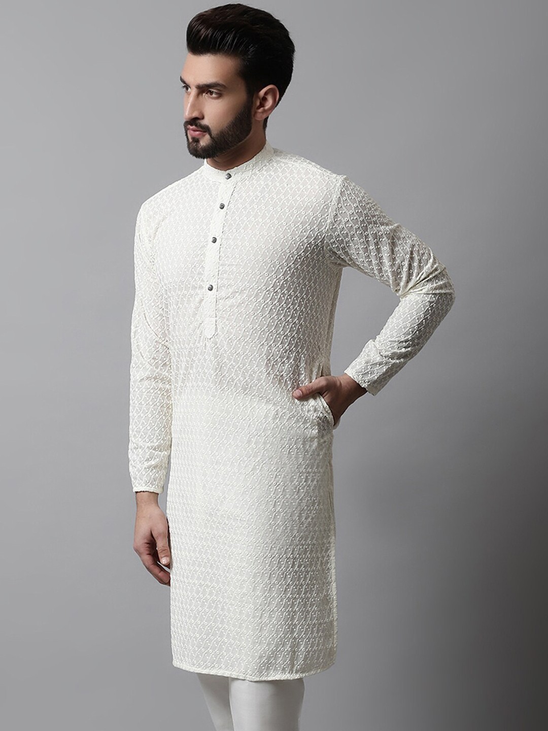 

Jompers Embroidered Mandarin Collar Cotton Kurta, Off white