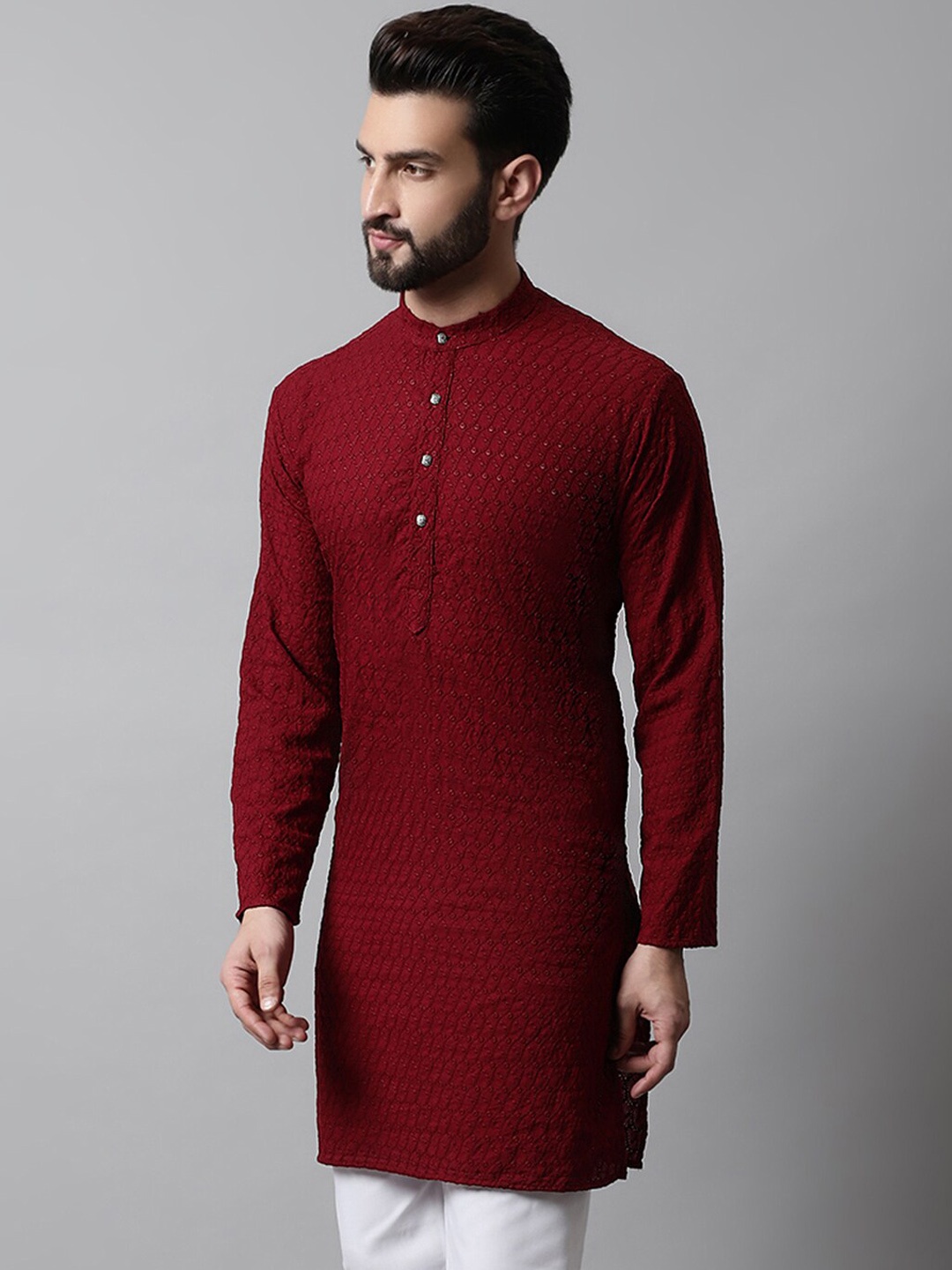 

Jompers Embroidered Mandarin Collar Cotton Kurta, Maroon